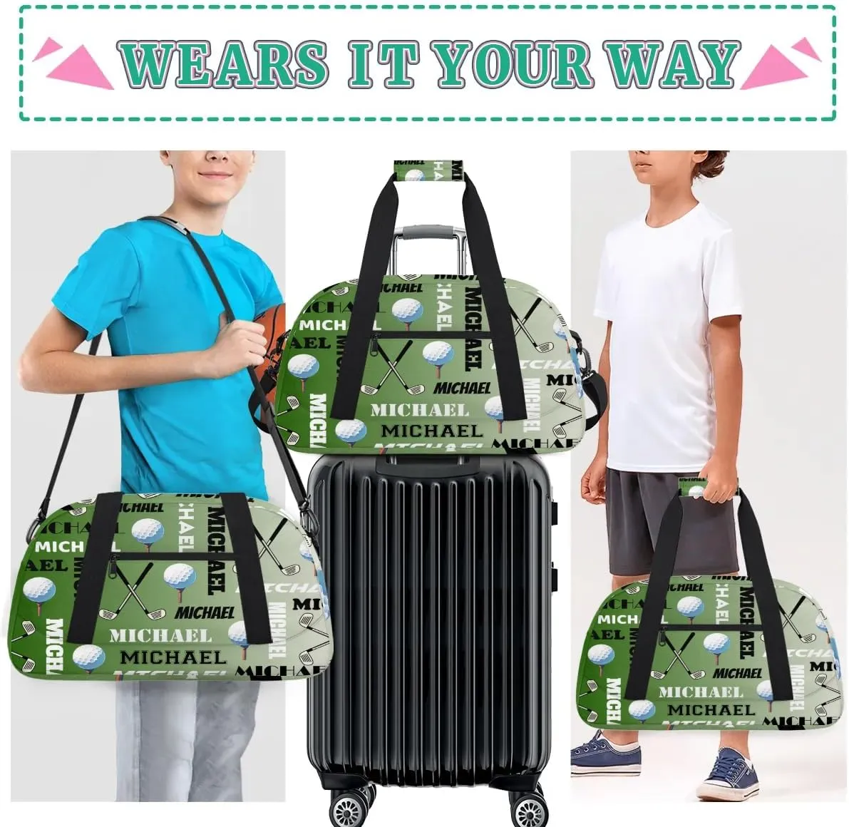 Custom Golf Gym Bag Duffel Bag for Women Men, Personalized Name Sport Bag Overnight Bags Customized Travel Weekender Bag, Misty Green