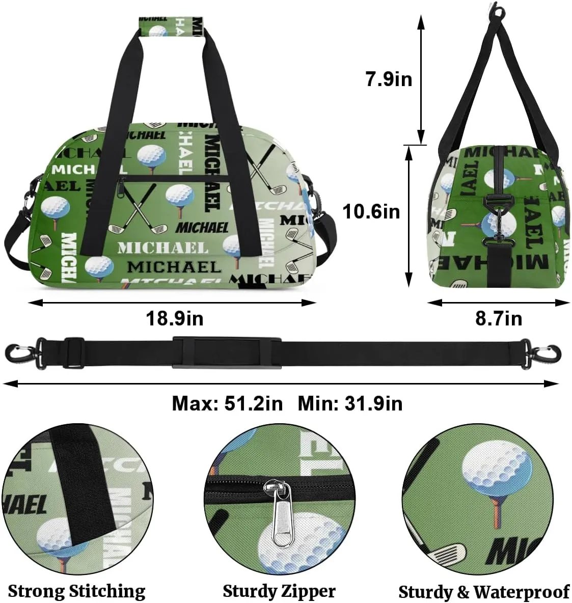 Custom Golf Gym Bag Duffel Bag for Women Men, Personalized Name Sport Bag Overnight Bags Customized Travel Weekender Bag, Misty Green