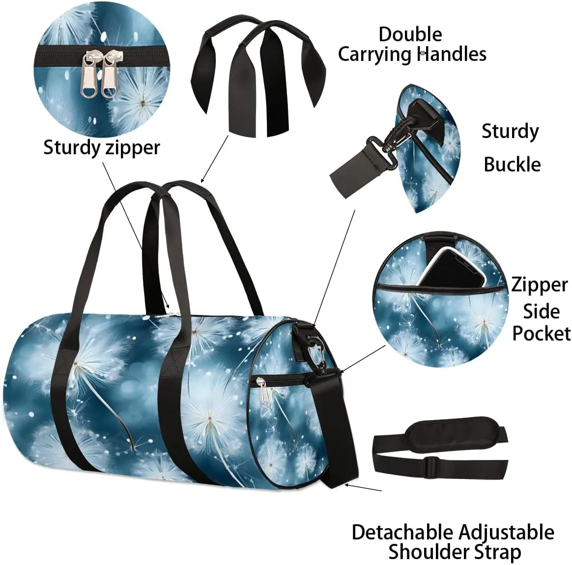 Dandelion Floral Printed Travel Duffle Bag Gym Bag for Women Men Lightweight Carry on Duffel Bag for Sports Gyms Weekend Getaway
