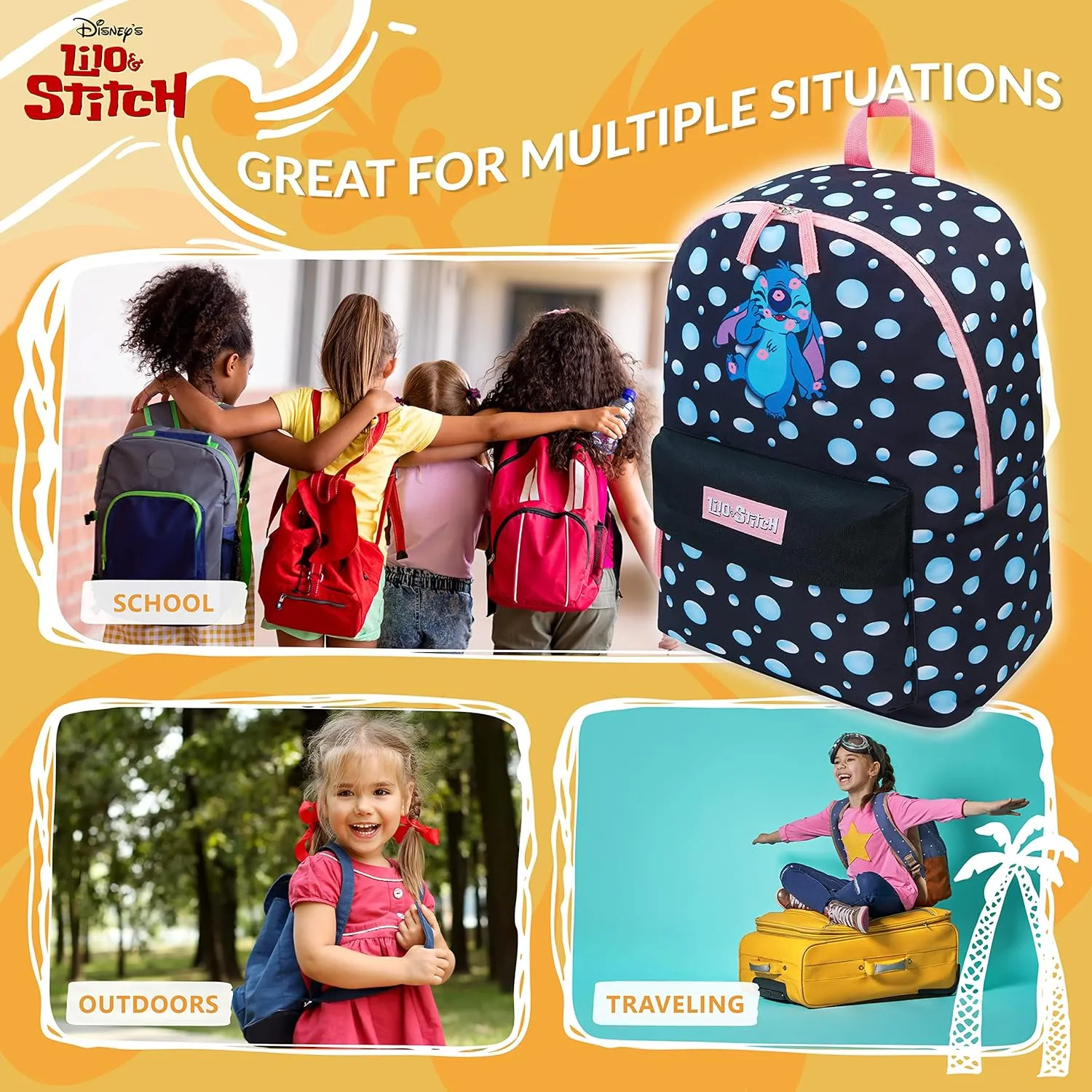 Disney Backpack for Girls, Stitch School Bags for Girls (Black)