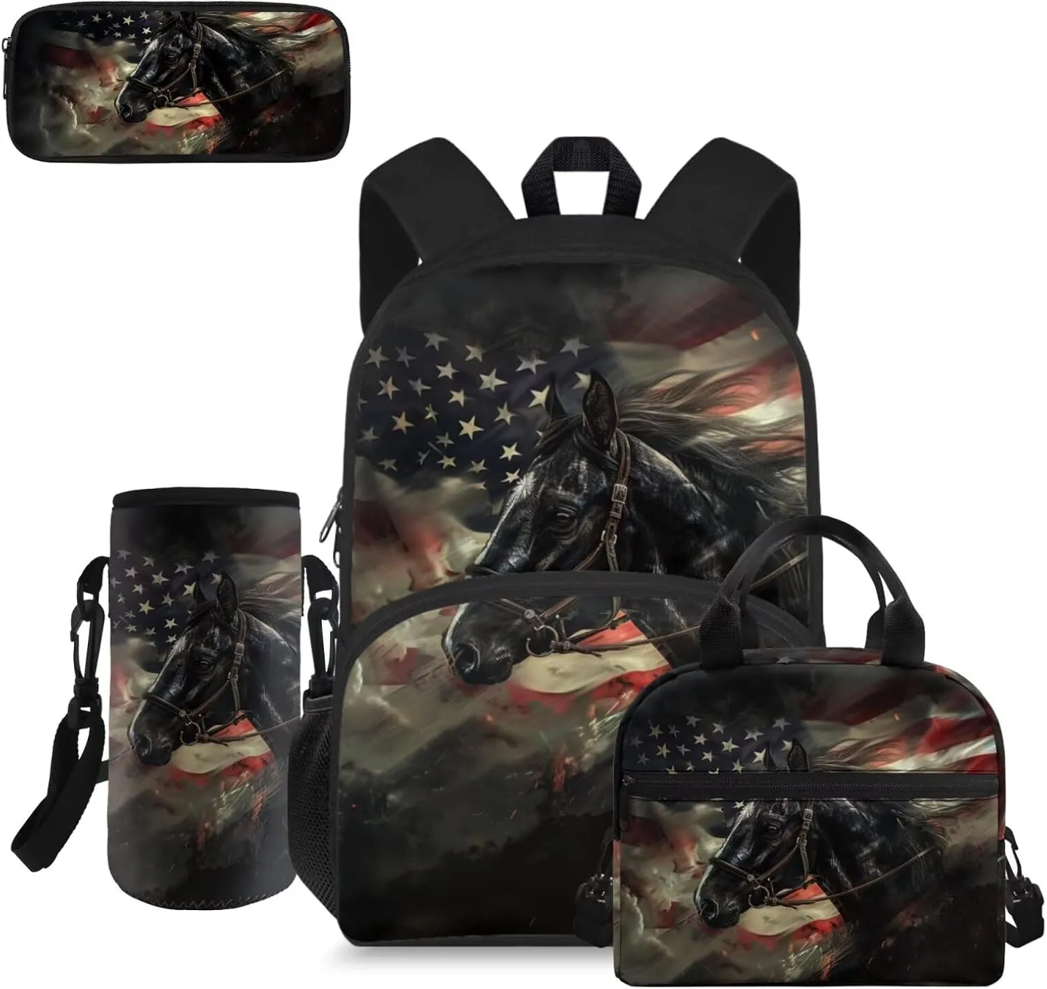 doginthehole American Flag Horses Backpack for School Boys Lightweight Bookbag for Boys 8-12 with Lunch Box 4pcs Boys School Backpack Set for Elementary School Casual Travel Daypack Rucksack Book Bags