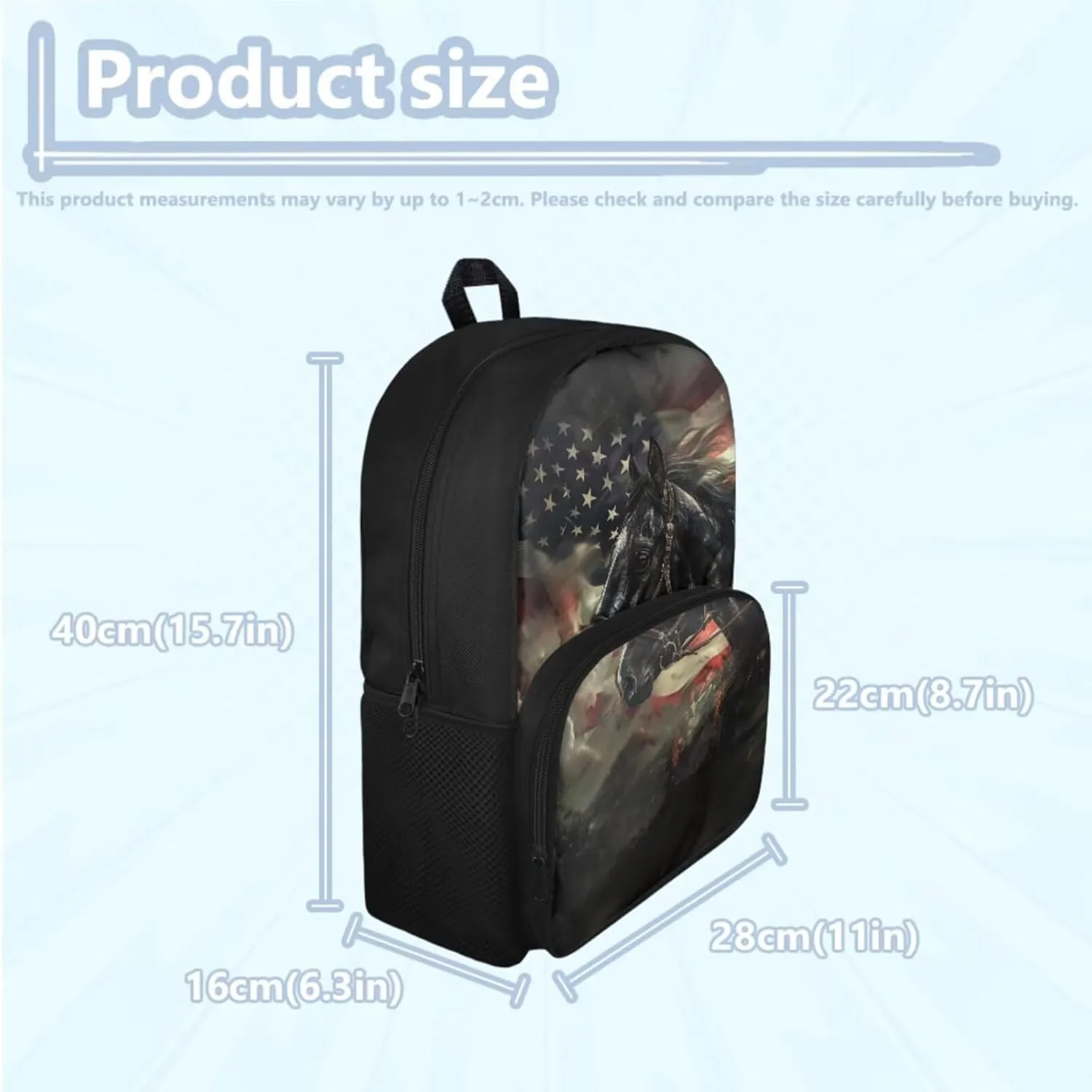 doginthehole American Flag Horses Backpack for School Boys Lightweight Bookbag for Boys 8-12 with Lunch Box 4pcs Boys School Backpack Set for Elementary School Casual Travel Daypack Rucksack Book Bags