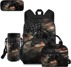 doginthehole American Flag Horses Backpack for School Boys Lightweight Bookbag for Boys 8-12 with Lunch Box 4pcs Boys School Backpack Set for Elementary School Casual Travel Daypack Rucksack Book Bags