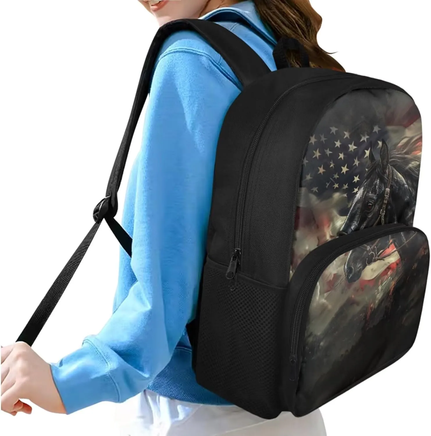 doginthehole American Flag Horses Backpack for School Boys Lightweight Bookbag for Boys 8-12 with Lunch Box 4pcs Boys School Backpack Set for Elementary School Casual Travel Daypack Rucksack Book Bags