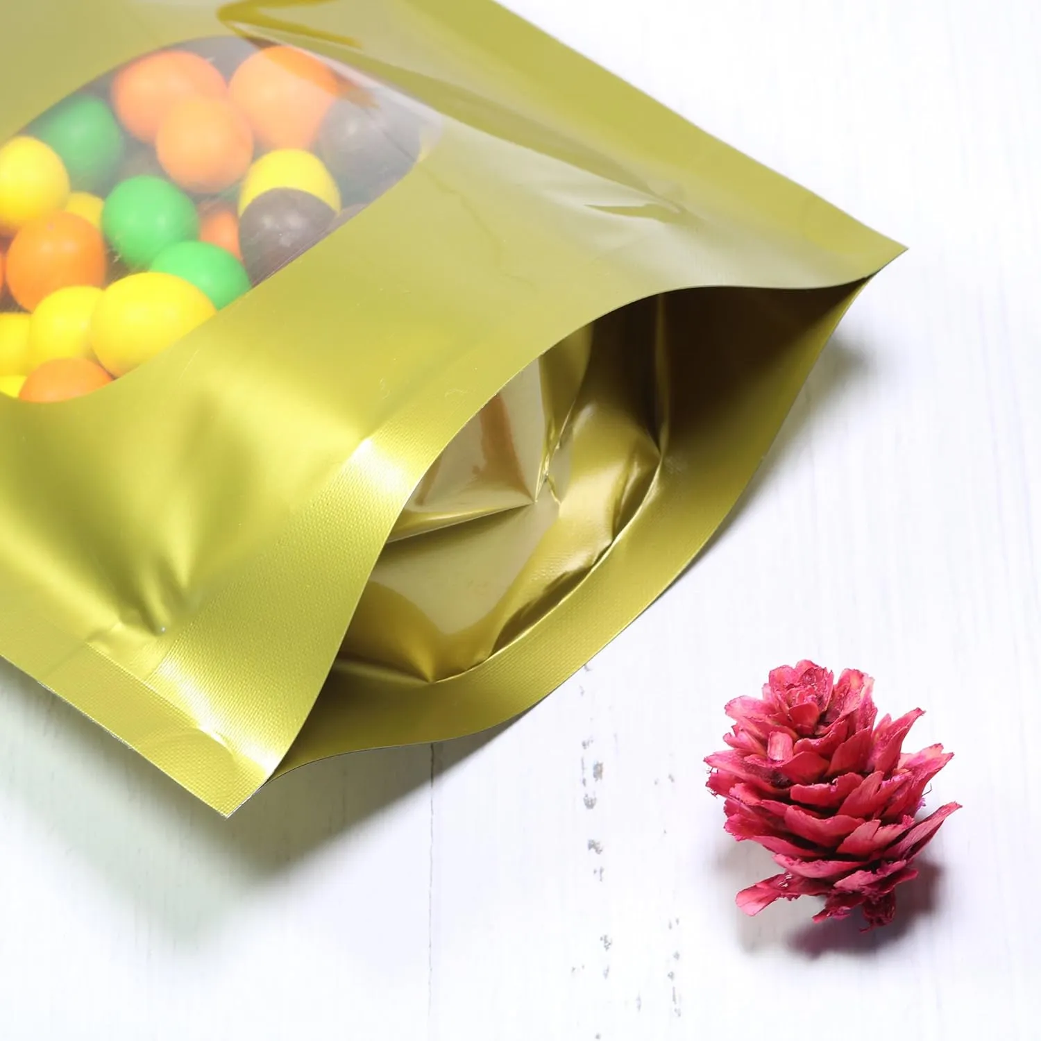 Double-Sided Matte/Glossy Color with Clear Round Window Stand-Up Pouch (100 Bags/Pack) (4.7" x 7.1", Glossy Gold)