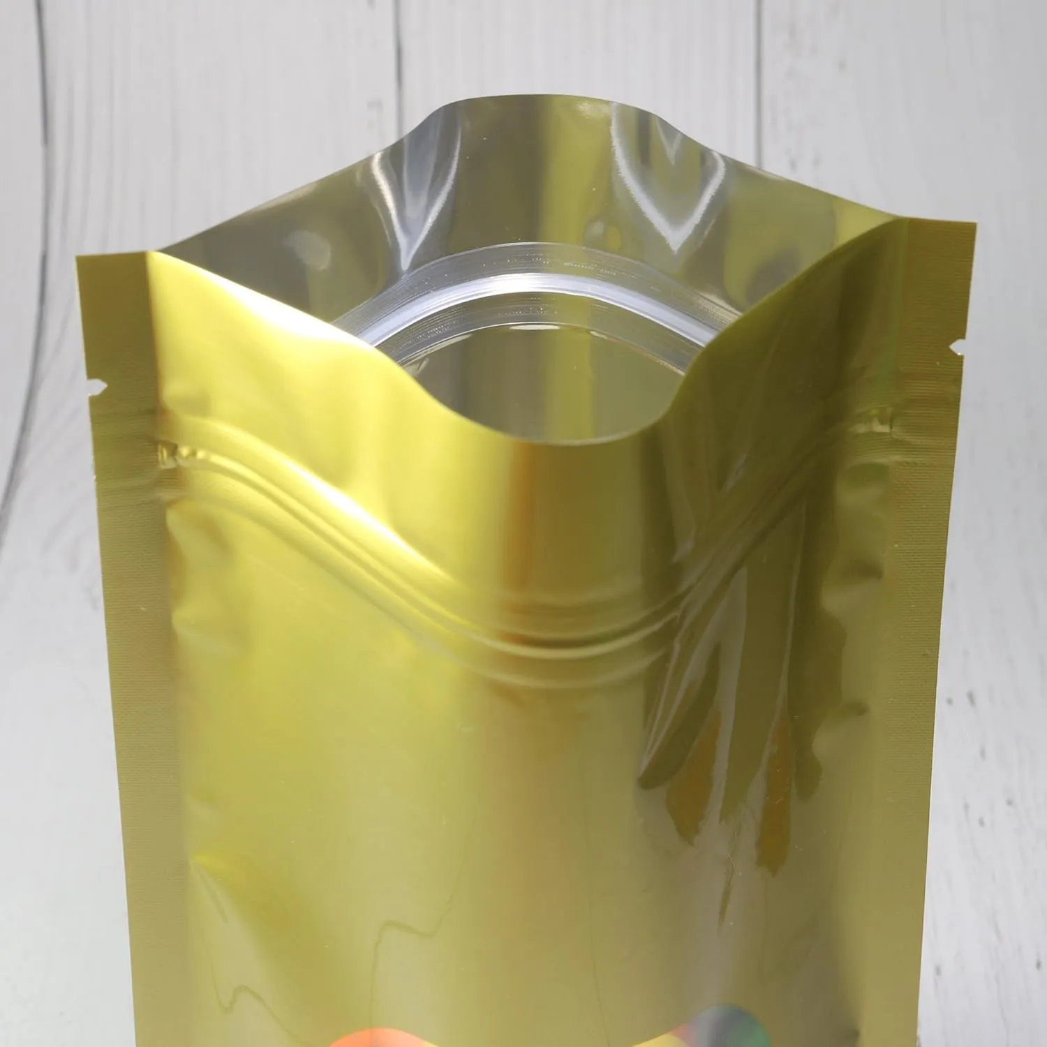 Double-Sided Matte/Glossy Color with Clear Round Window Stand-Up Pouch (100 Bags/Pack) (4.7" x 7.1", Glossy Gold)