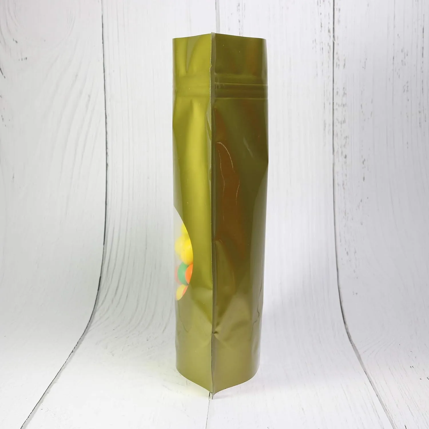 Double-Sided Matte/Glossy Color with Clear Round Window Stand-Up Pouch (100 Bags/Pack) (4.7" x 7.1", Glossy Gold)