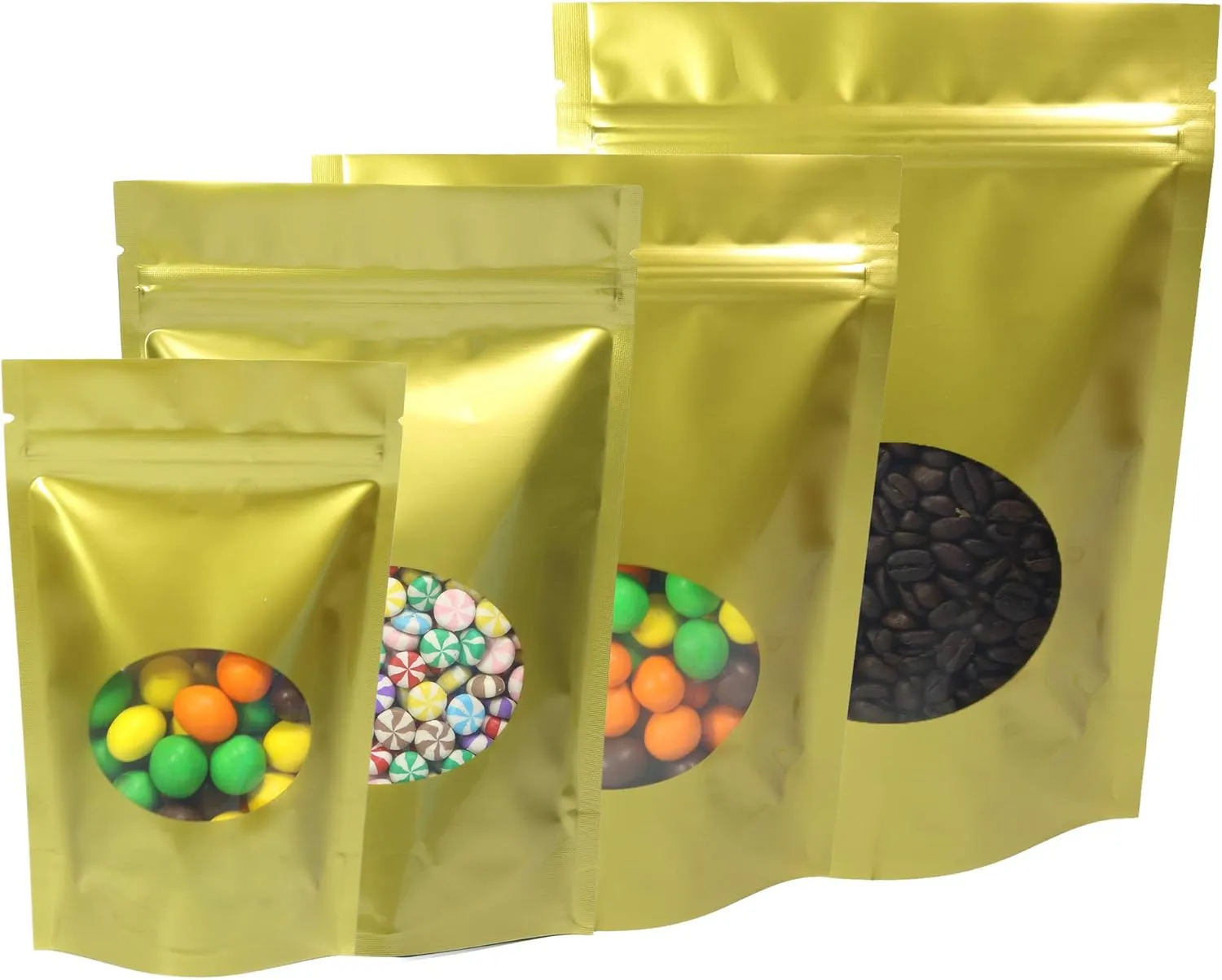 Double-Sided Matte/Glossy Color with Clear Round Window Stand-Up Pouch (100 Bags/Pack) (4.7" x 7.1", Glossy Gold)