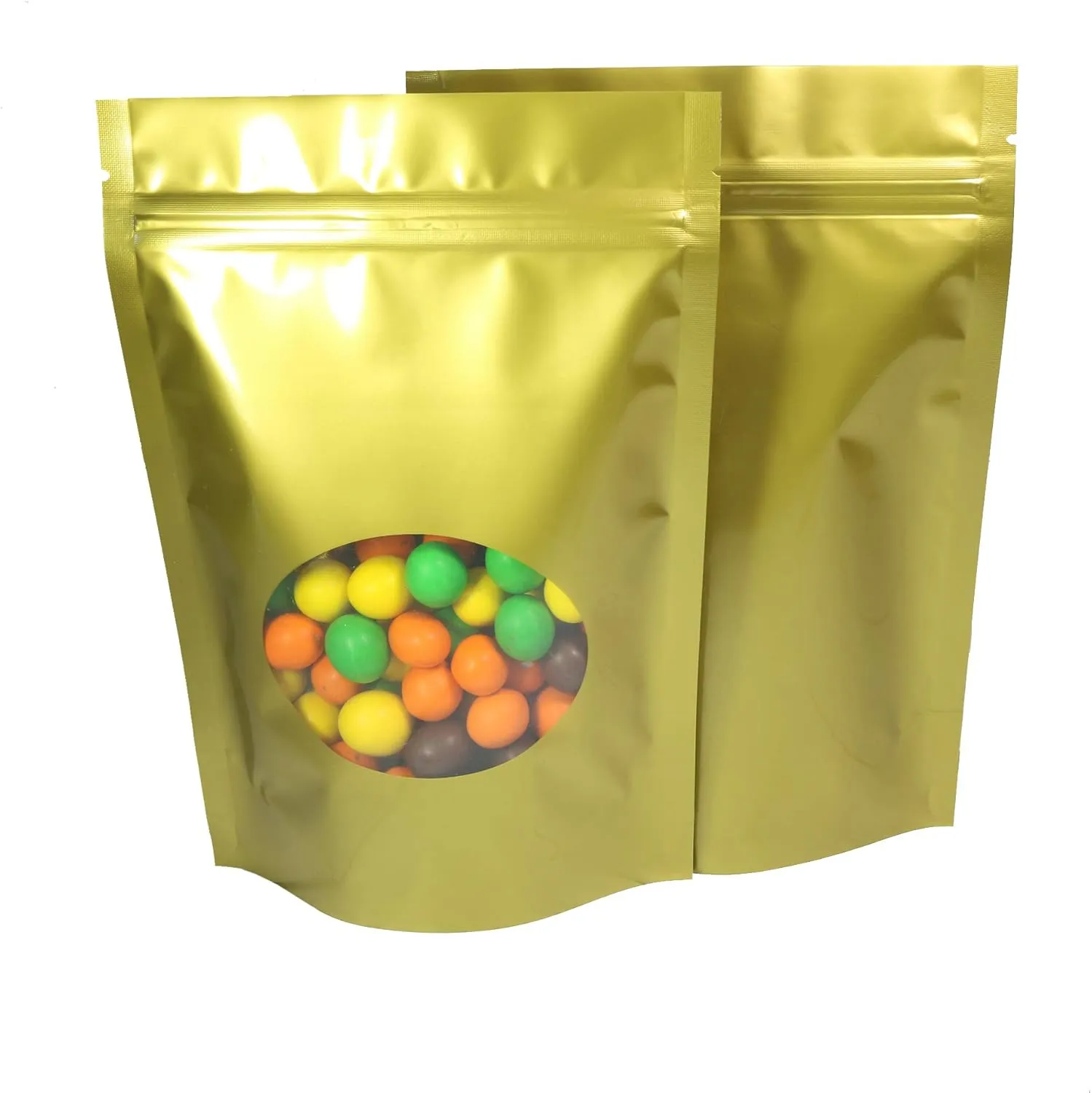 Double-Sided Matte/Glossy Color with Clear Round Window Stand-Up Pouch (100 Bags/Pack) (4.7" x 7.1", Glossy Gold)