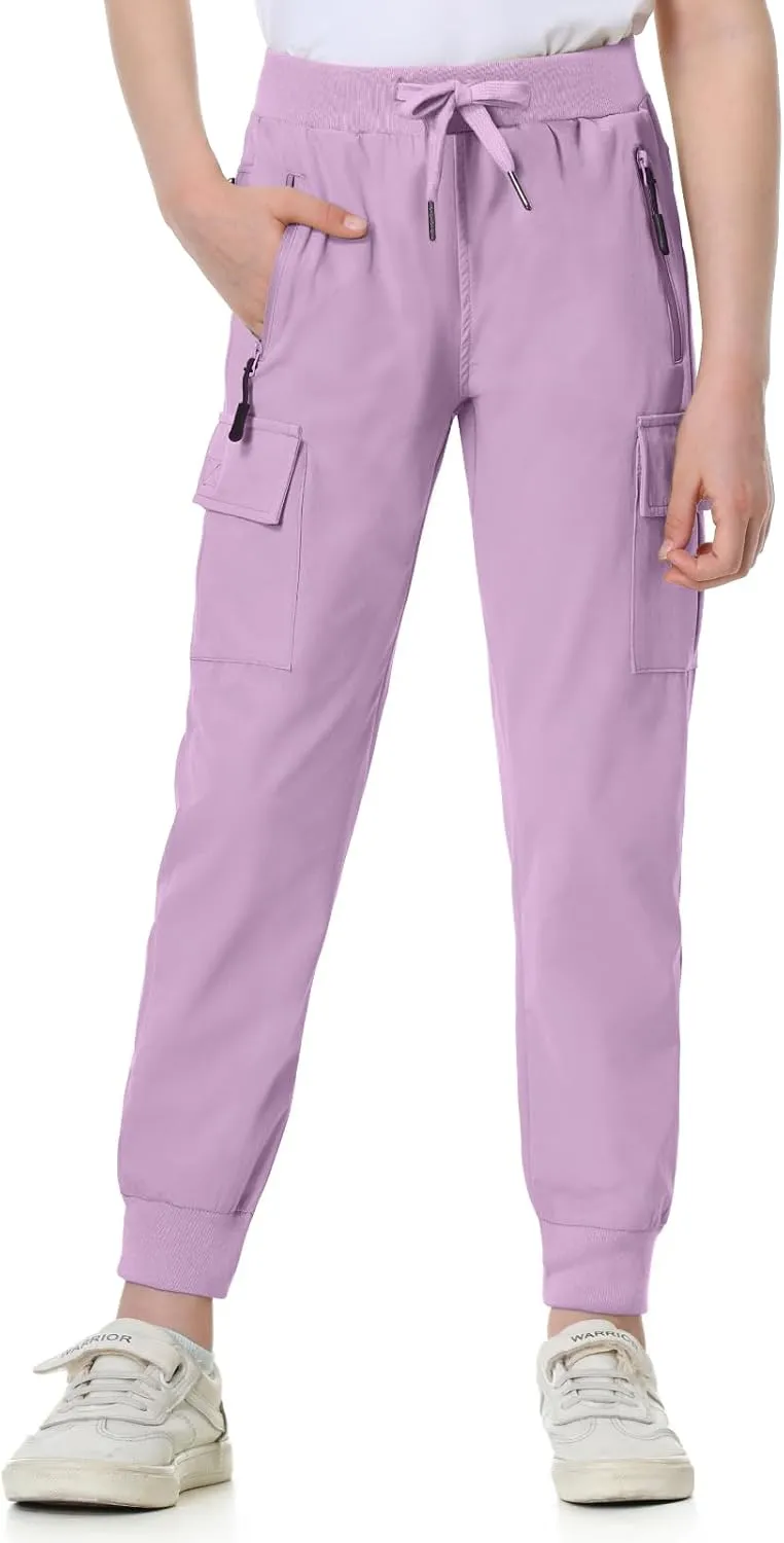 EXARUS Girls Cargo Pants Joggers Slim Fit with Zip Pockets Kids Quick Dry Lightweight Drawstring High Waisted 8-14Y