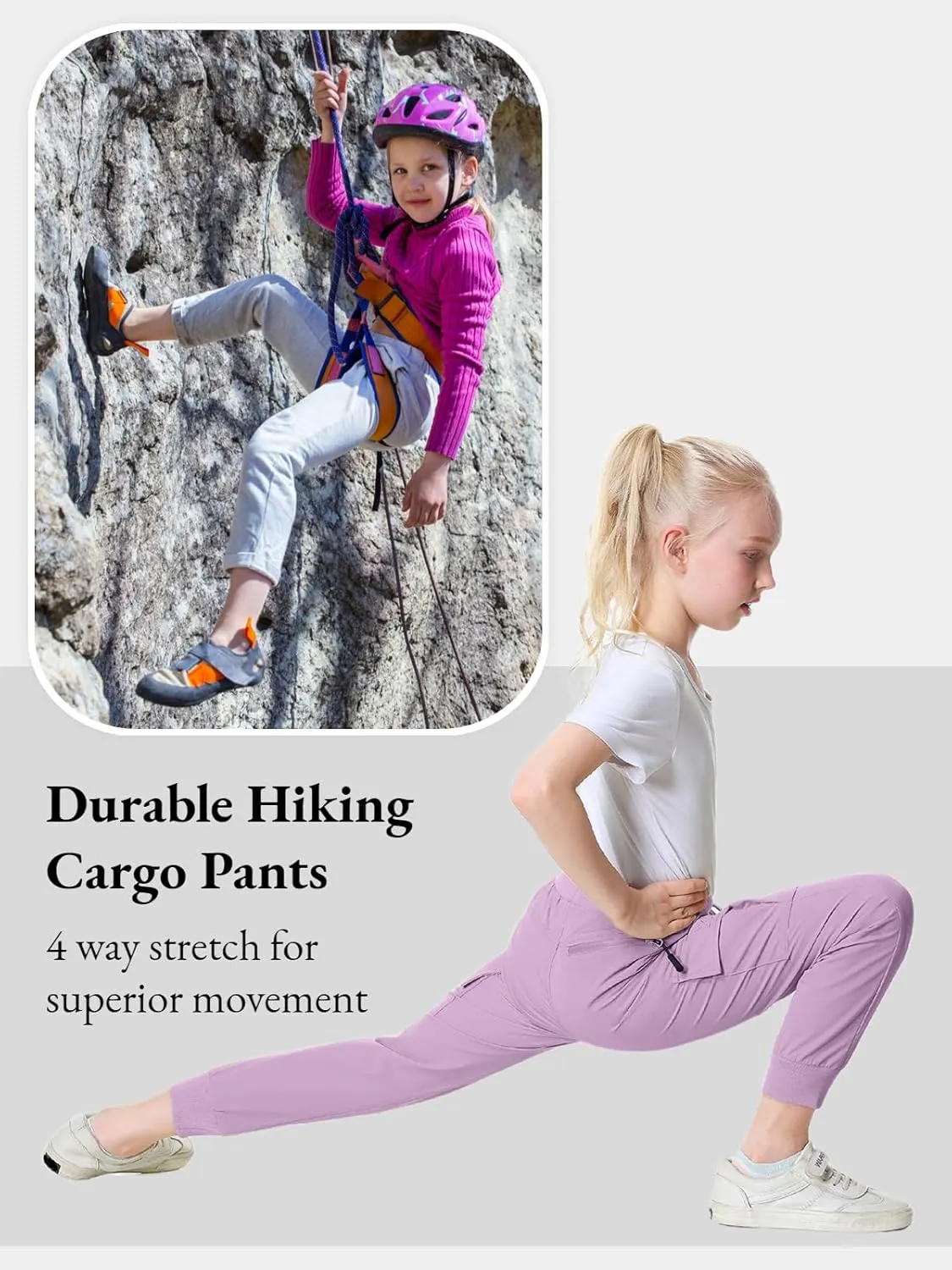 EXARUS Girls Cargo Pants Joggers Slim Fit with Zip Pockets Kids Quick Dry Lightweight Drawstring High Waisted 8-14Y