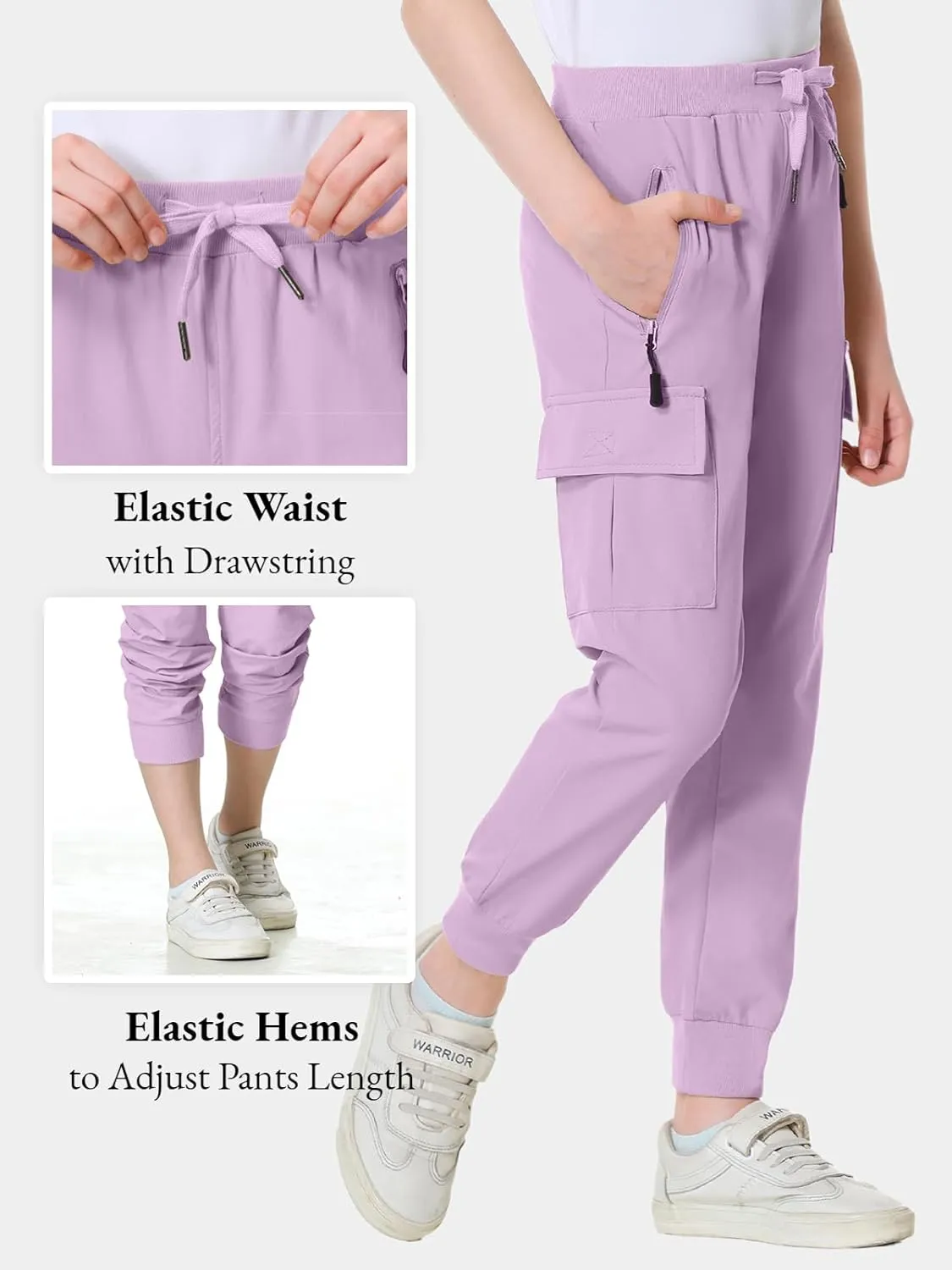 EXARUS Girls Cargo Pants Joggers Slim Fit with Zip Pockets Kids Quick Dry Lightweight Drawstring High Waisted 8-14Y