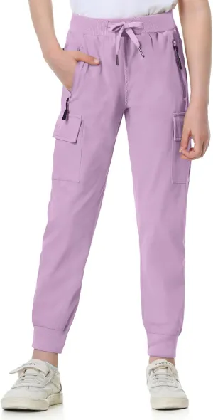EXARUS Girls Cargo Pants Joggers Slim Fit with Zip Pockets Kids Quick Dry Lightweight Drawstring High Waisted 8-14Y