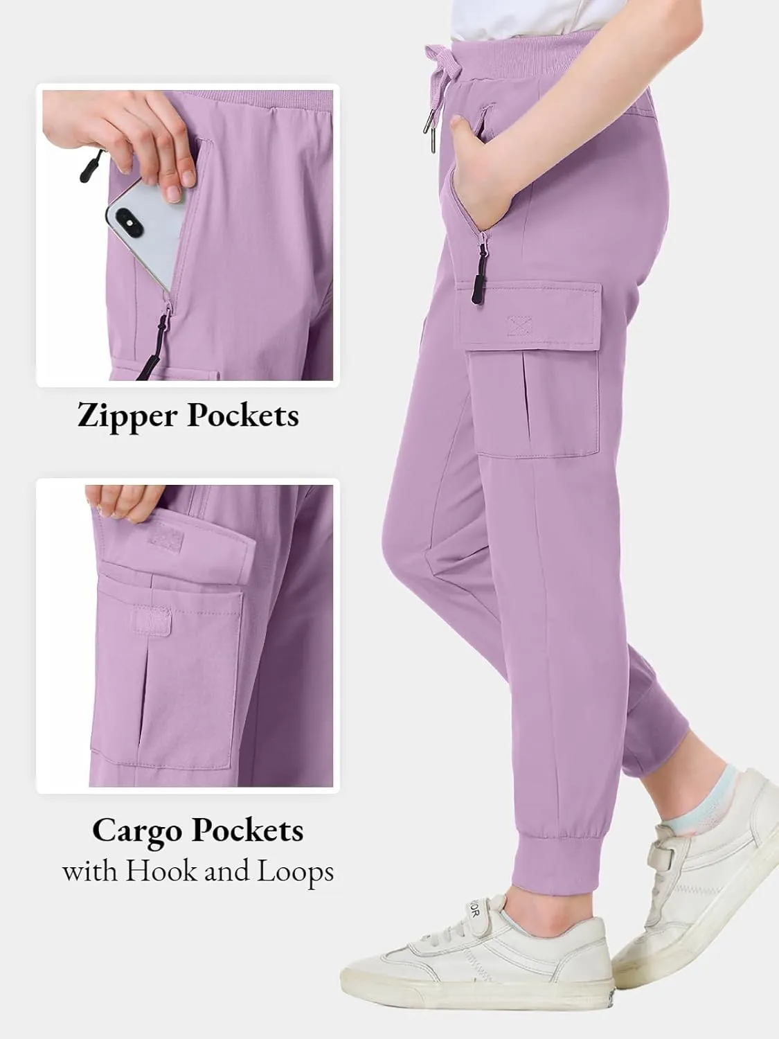 EXARUS Girls Cargo Pants Joggers Slim Fit with Zip Pockets Kids Quick Dry Lightweight Drawstring High Waisted 8-14Y