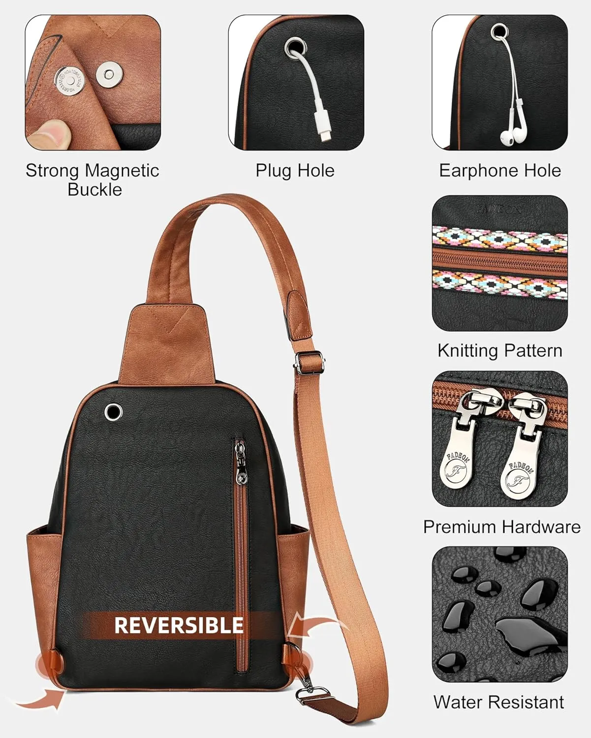 FADEON Sling Bag for Women Large Crossbody Purse Sling Backpack PU Leather Designer Anti Theft Sling Bags 4 RFID Card Slot