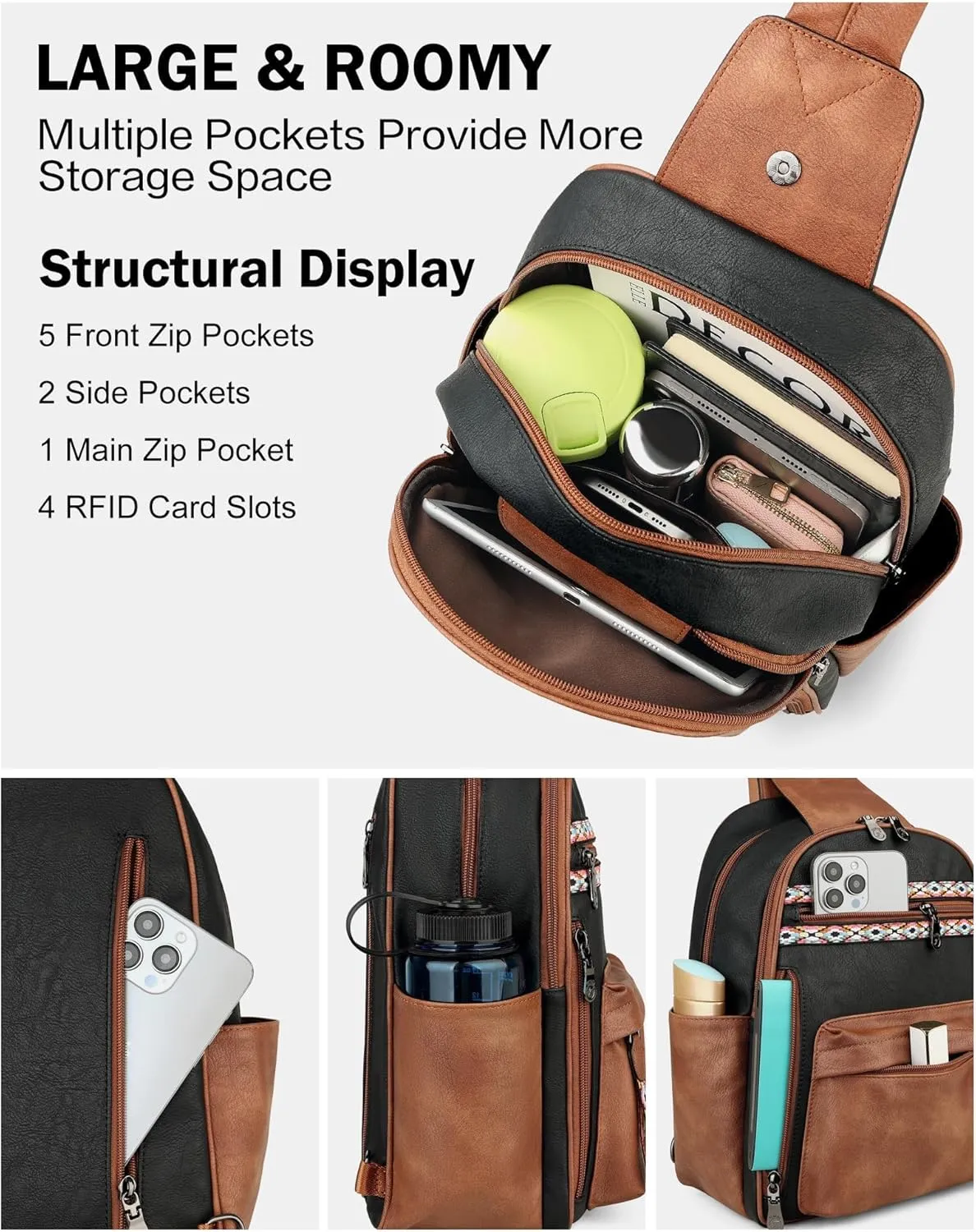 FADEON Sling Bag for Women Large Crossbody Purse Sling Backpack PU Leather Designer Anti Theft Sling Bags 4 RFID Card Slot