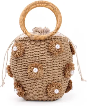 Fecialy Flower Pearls Rattan Tote Bag Straw Bags for Women Drawstring Straw Bucket Bag Summer Beach Woven Handbag