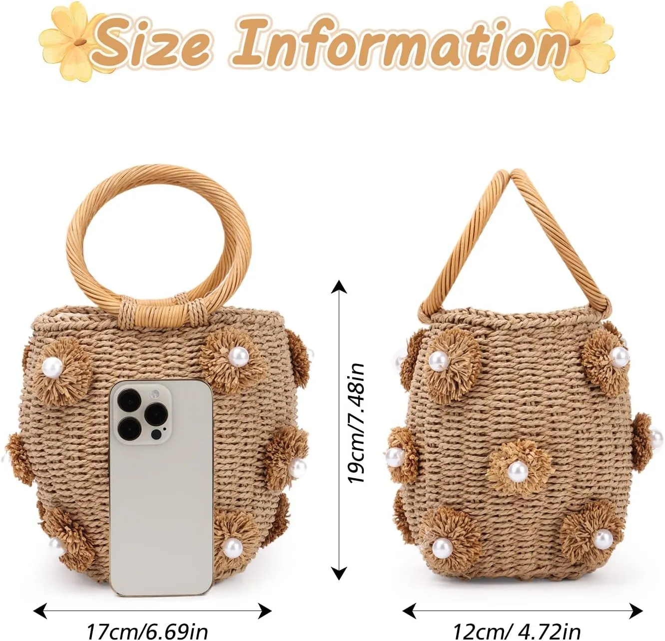 Fecialy Flower Pearls Rattan Tote Bag Straw Bags for Women Drawstring Straw Bucket Bag Summer Beach Woven Handbag