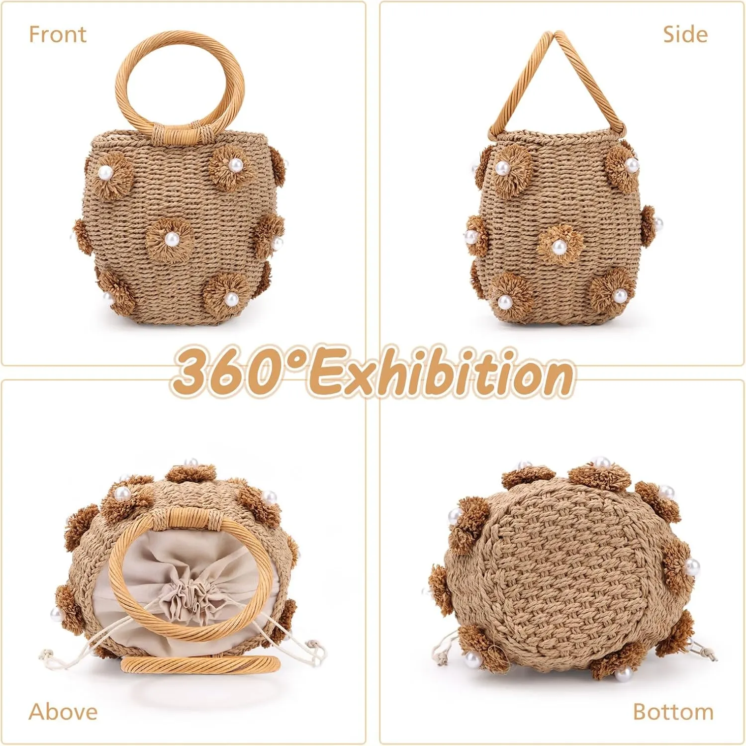 Fecialy Flower Pearls Rattan Tote Bag Straw Bags for Women Drawstring Straw Bucket Bag Summer Beach Woven Handbag