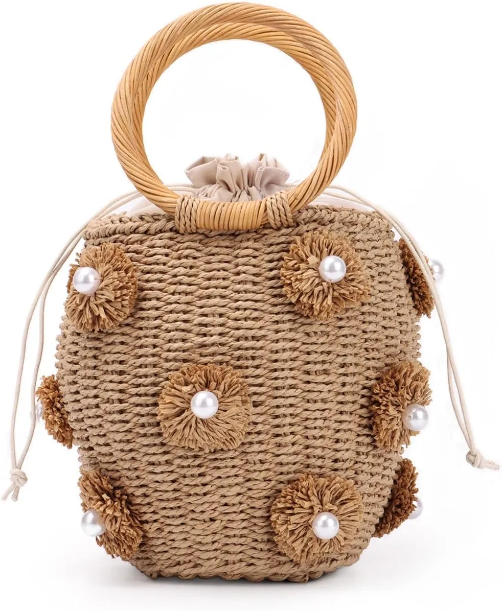 Fecialy Flower Pearls Rattan Tote Bag Straw Bags for Women Drawstring Straw Bucket Bag Summer Beach Woven Handbag