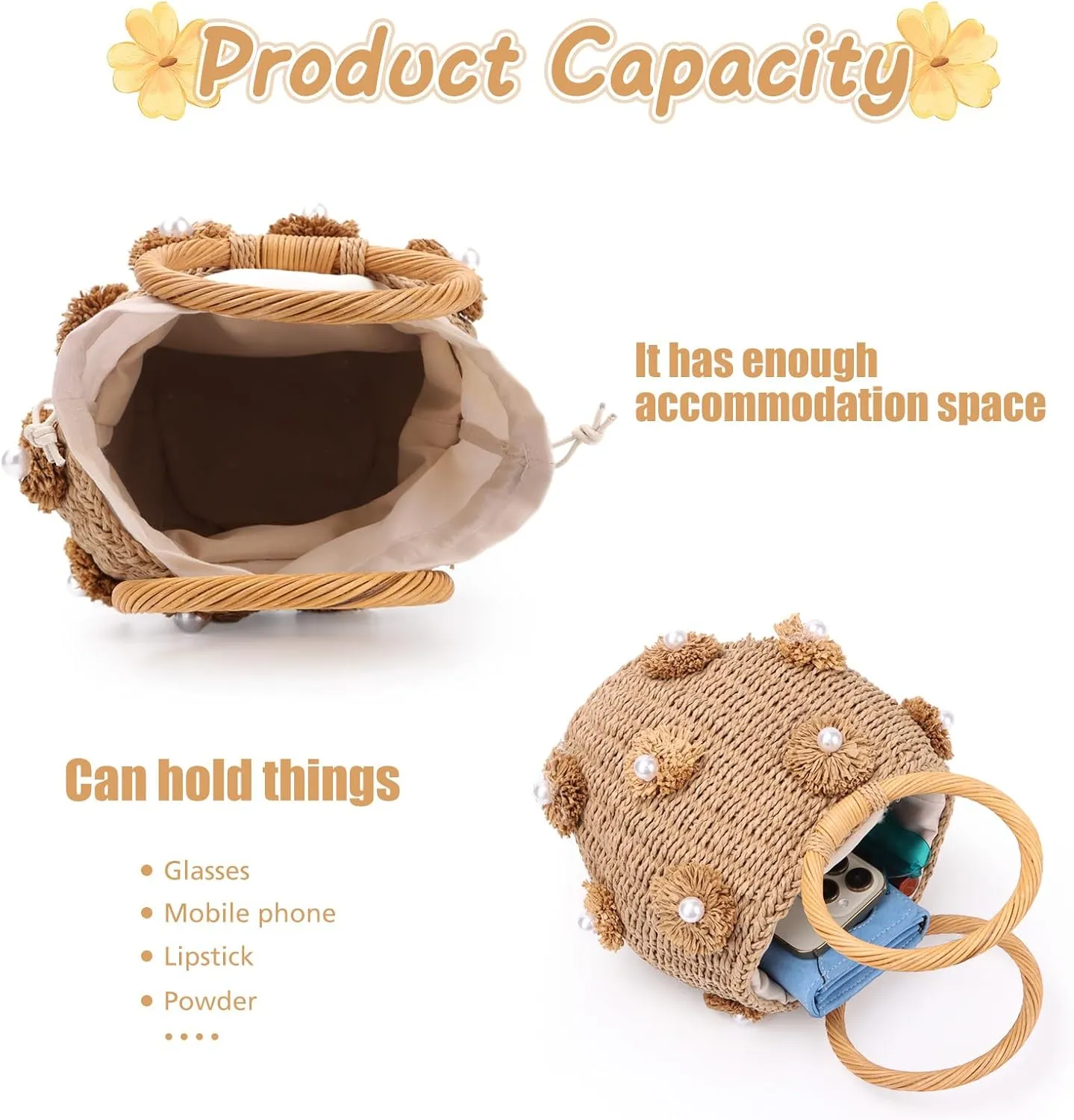 Fecialy Flower Pearls Rattan Tote Bag Straw Bags for Women Drawstring Straw Bucket Bag Summer Beach Woven Handbag