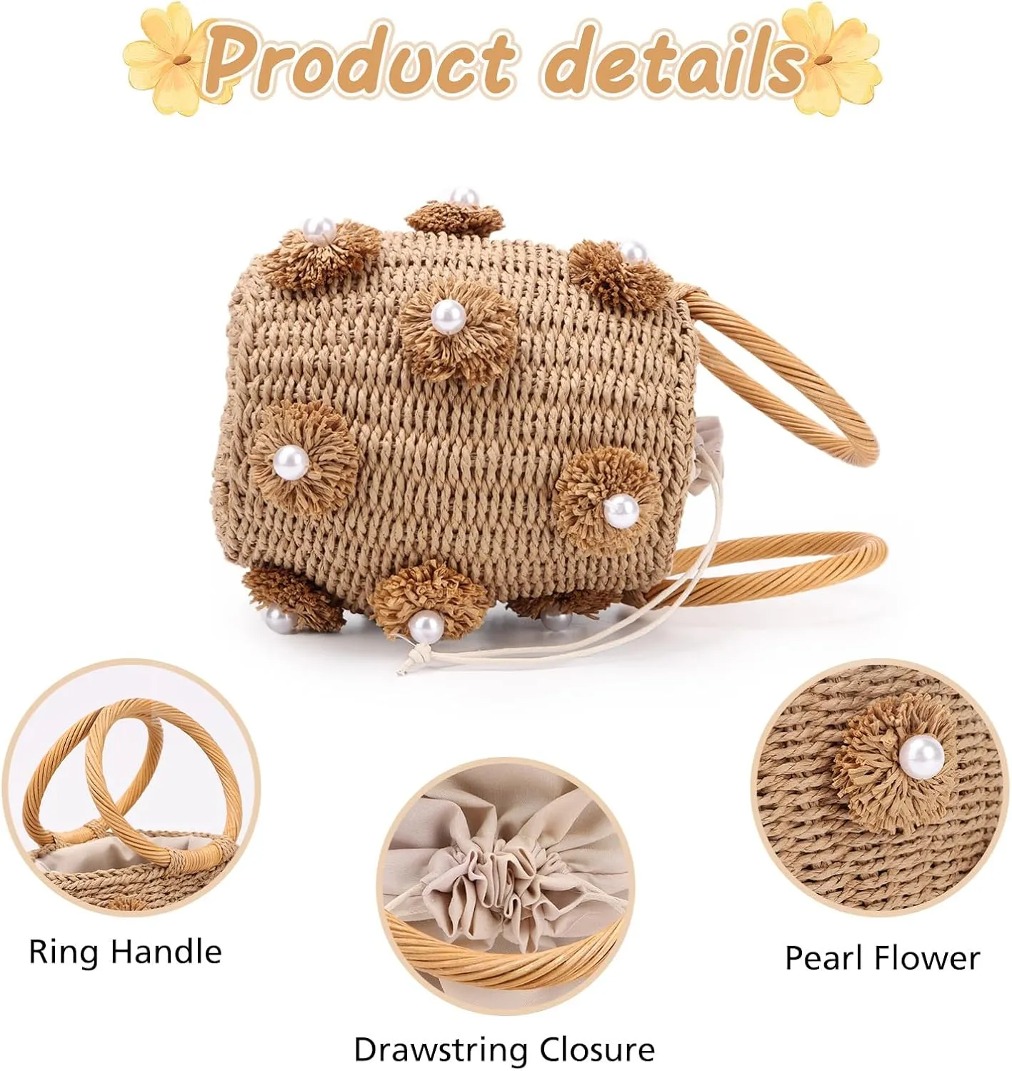 Fecialy Flower Pearls Rattan Tote Bag Straw Bags for Women Drawstring Straw Bucket Bag Summer Beach Woven Handbag