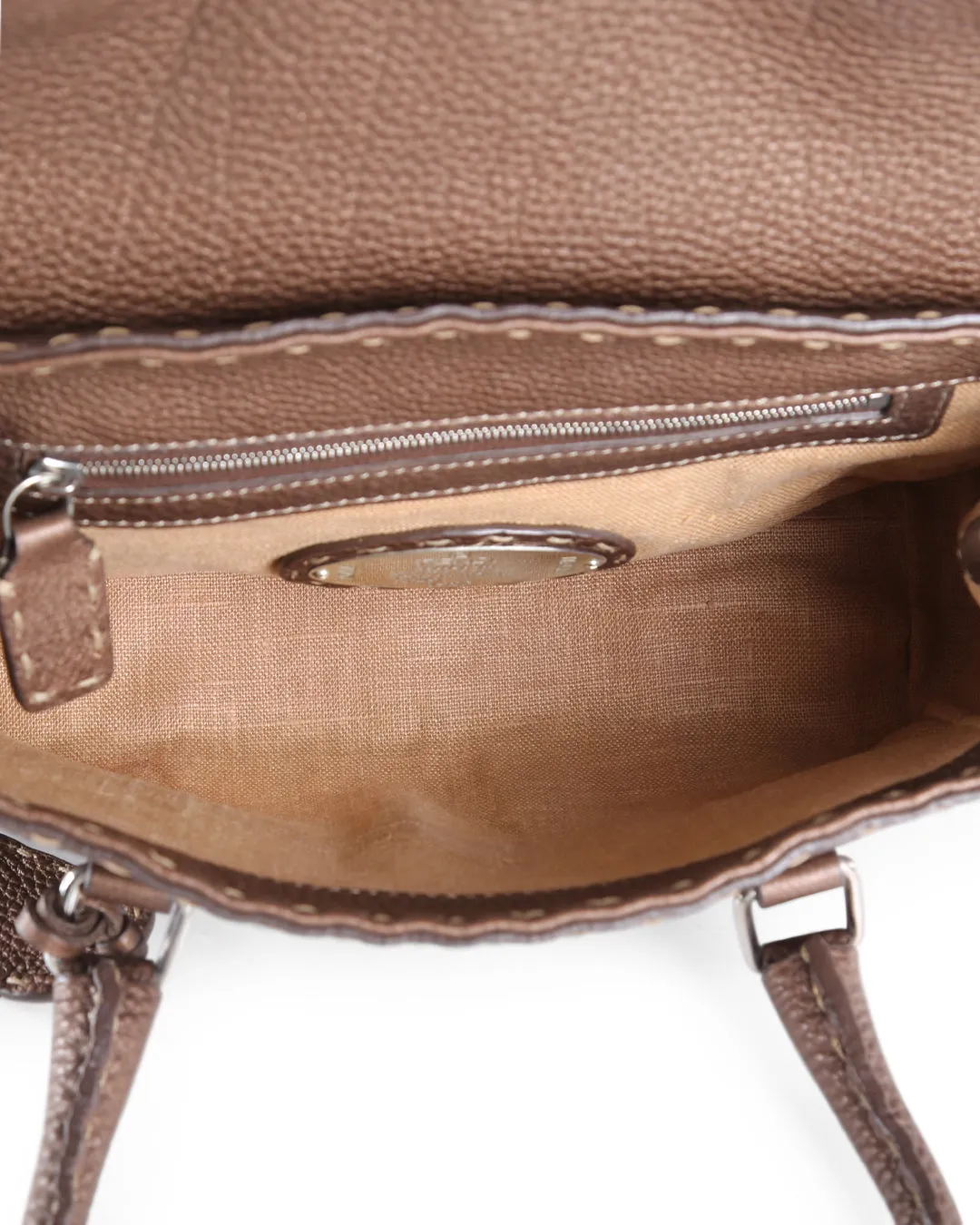 FENDI Brown Grained Leather Small Selleria Satchel Handle Bag