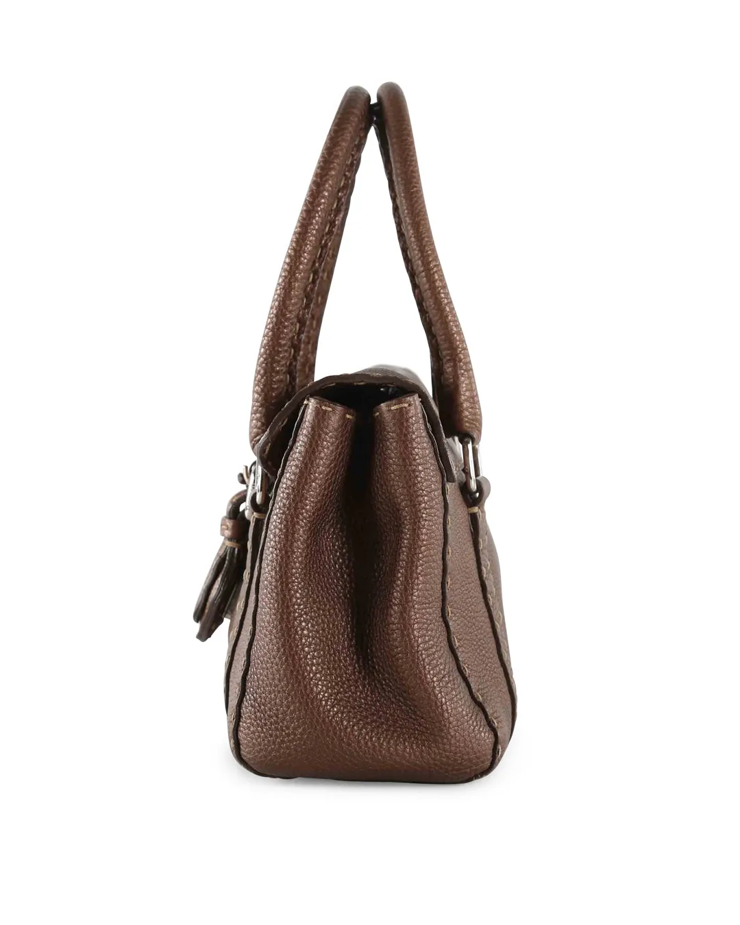 FENDI Brown Grained Leather Small Selleria Satchel Handle Bag