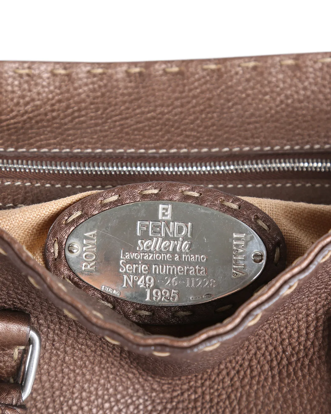 FENDI Brown Grained Leather Small Selleria Satchel Handle Bag