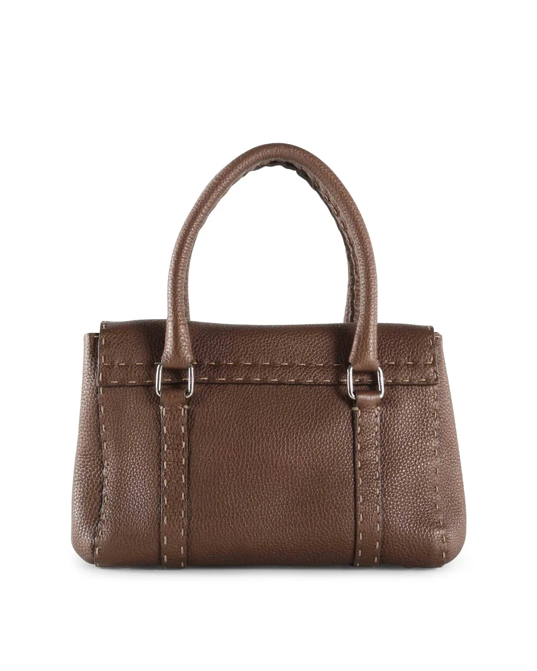 FENDI Brown Grained Leather Small Selleria Satchel Handle Bag