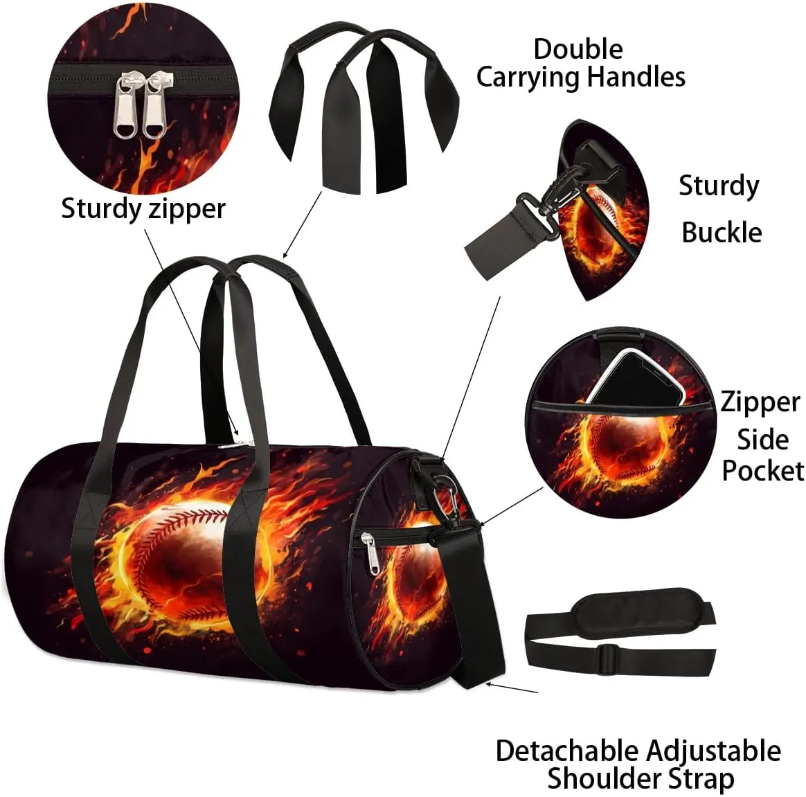 Fire Baseball Travel Duffle Bag Gym Bag for Women Men Lightweight Carry on Duffel Bag for Sports Gyms Weekend Getaway