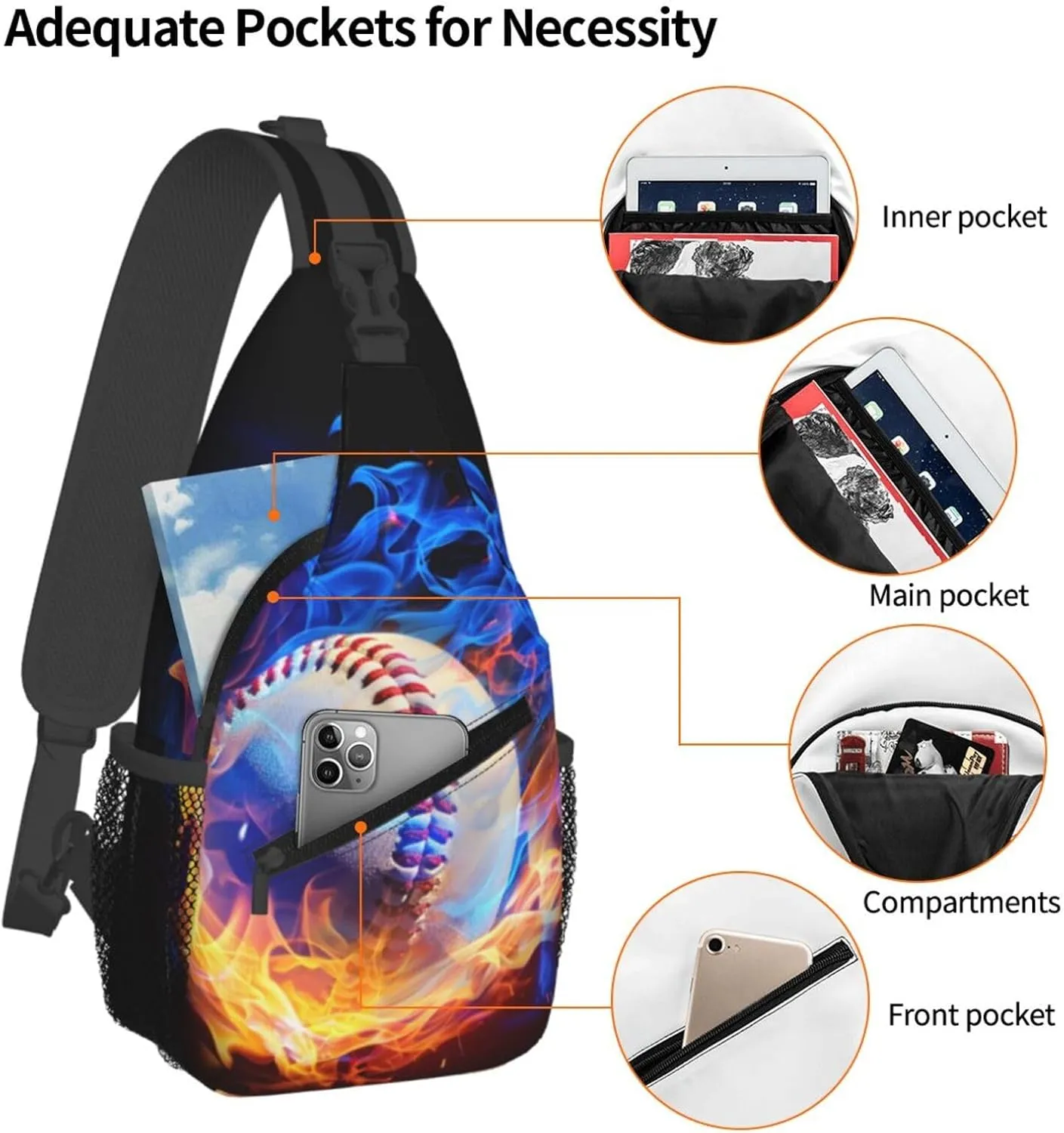 Flames Baseball Chest Bags Crossbody Sling Bag Shoulder Bag Travel Hiking Daypack For Men Women