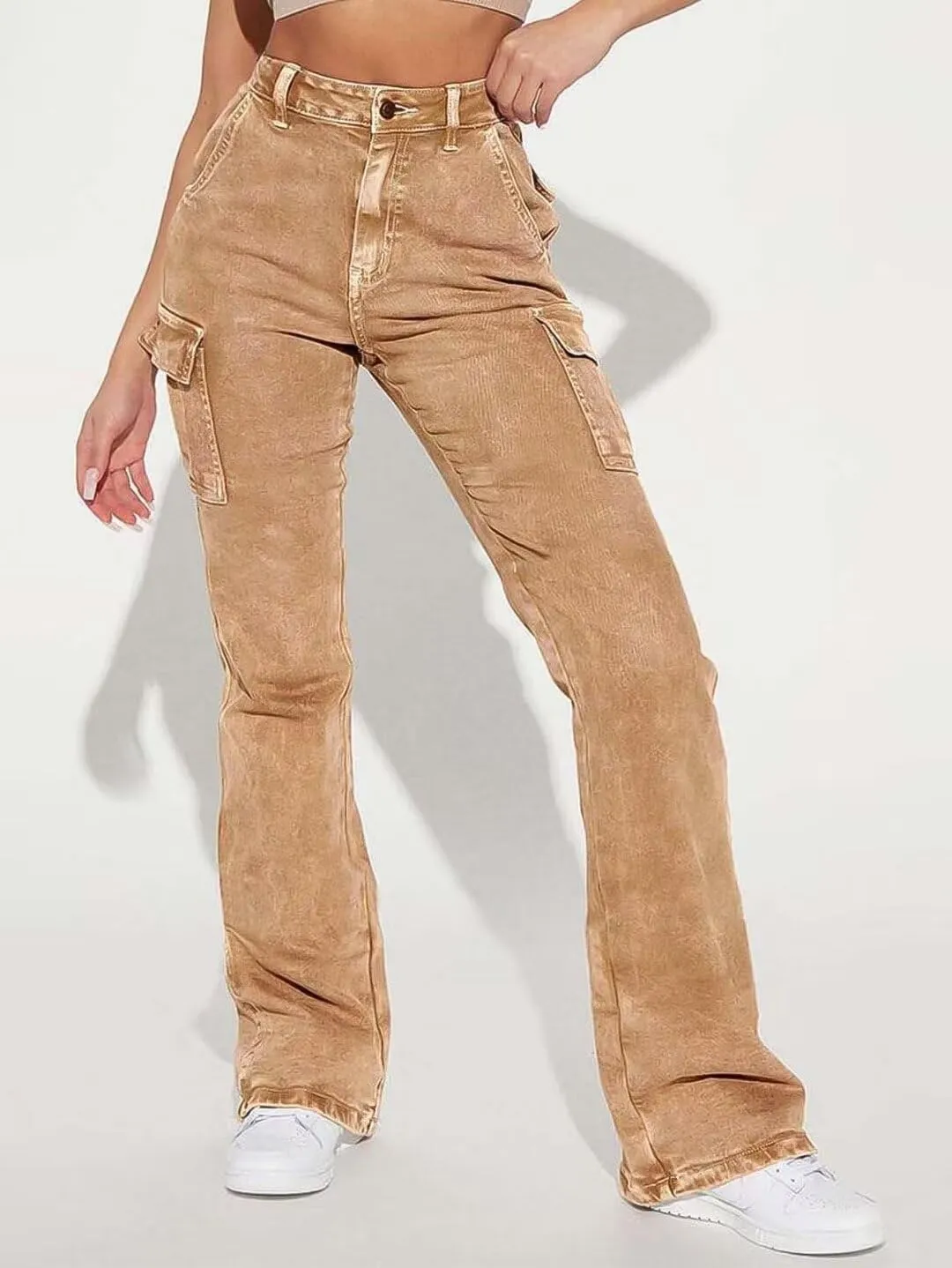 Flamingals Cargo Jeans for Women Drawstring Flap Pocket Low Waist