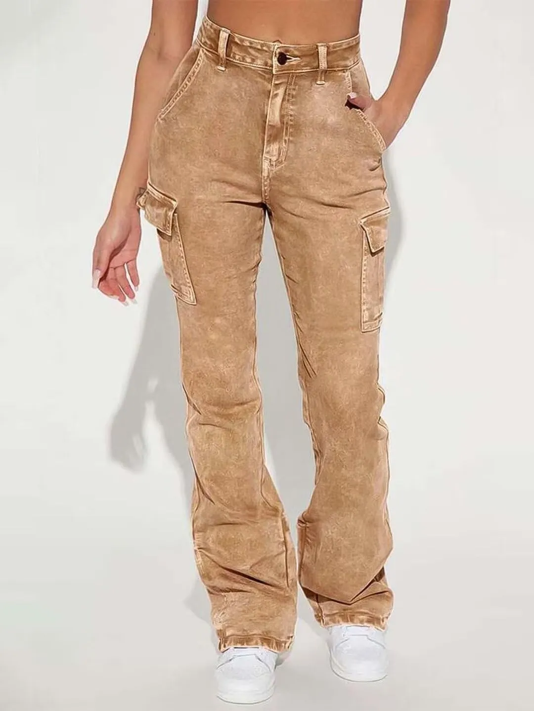 Flamingals Cargo Jeans for Women Drawstring Flap Pocket Low Waist