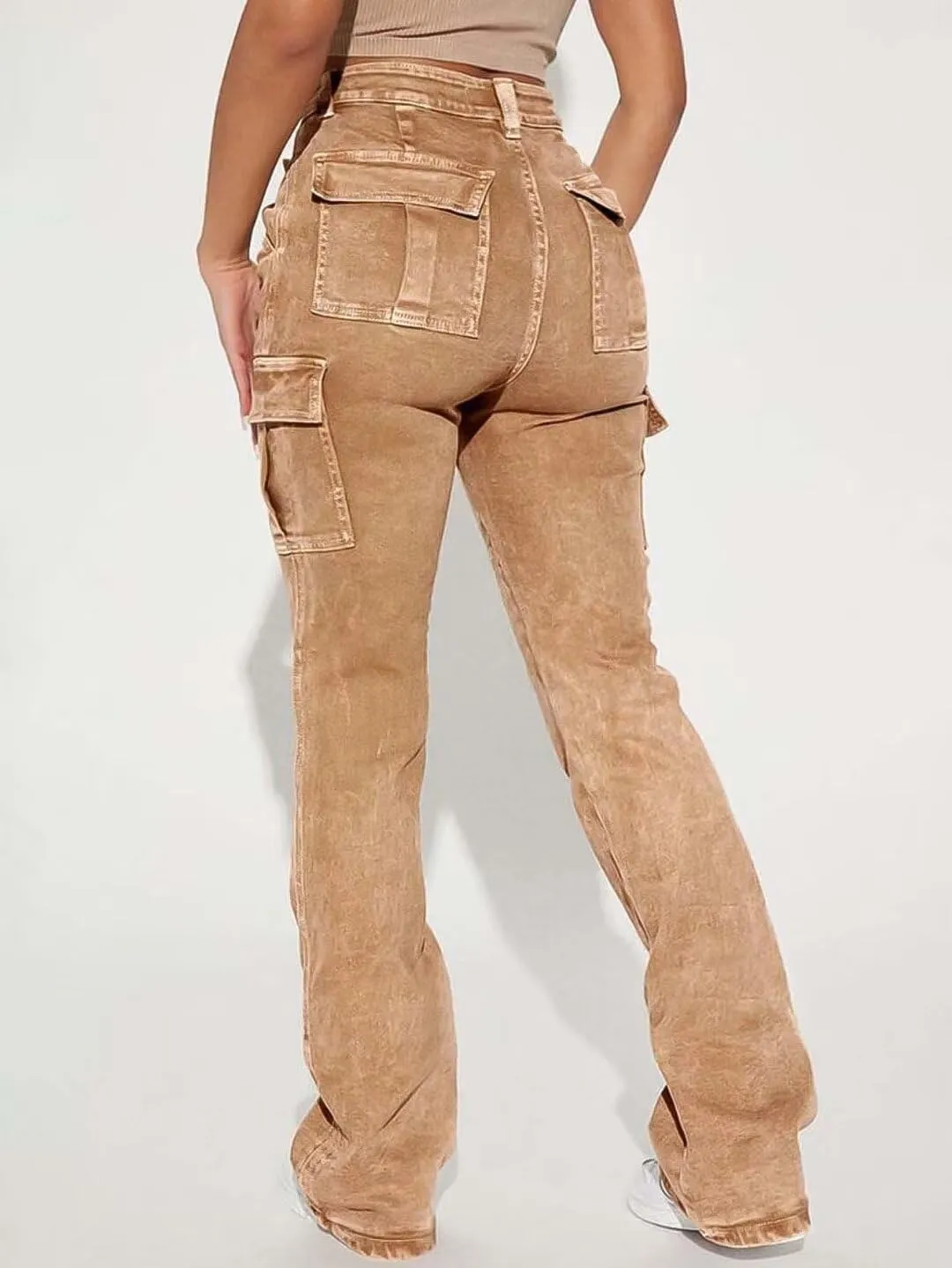 Flamingals Cargo Jeans for Women Drawstring Flap Pocket Low Waist