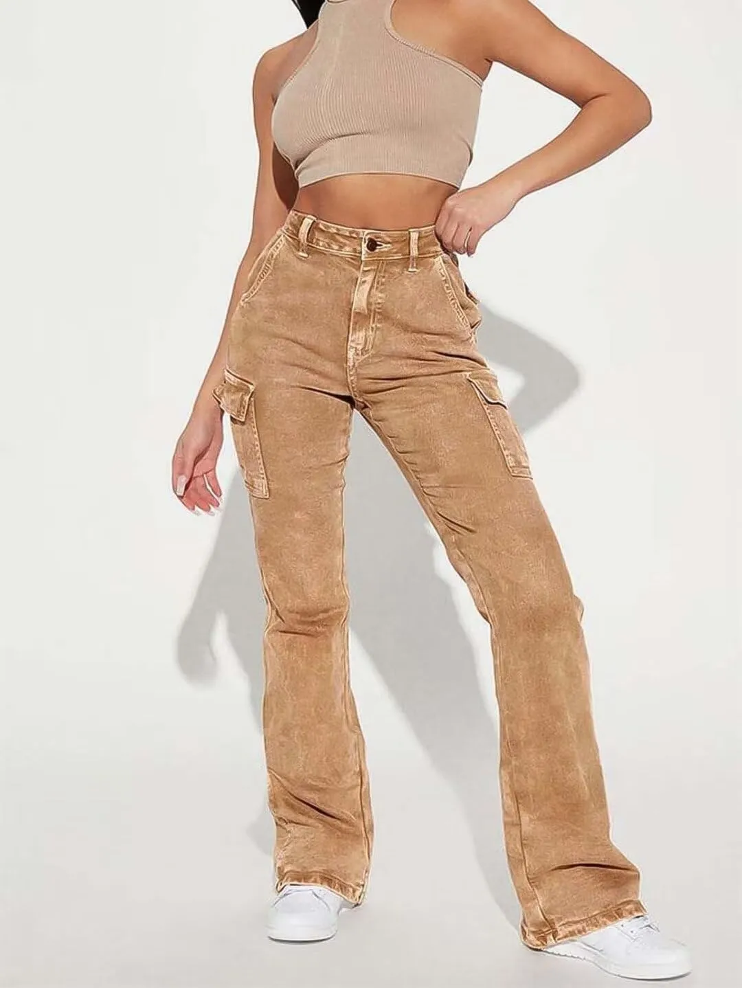 Flamingals Cargo Jeans for Women Drawstring Flap Pocket Low Waist