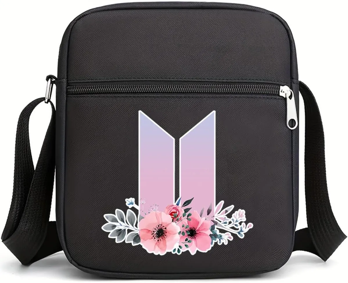 Flower Crossbody Bags for Women Men, Korean Casual Crossbody Purse with Zipped Pockets Handbag Shoulder Bag (BTF1)
