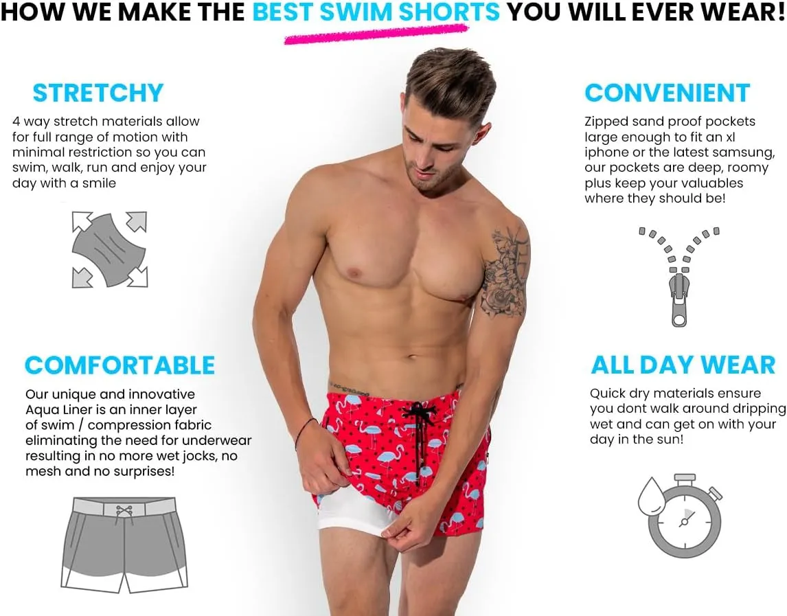 Fluro Aqua Swim Shorts - 5" - 4 Way Stretch, Quick Dry, Chlorine Resistant, Built in Compression Liner