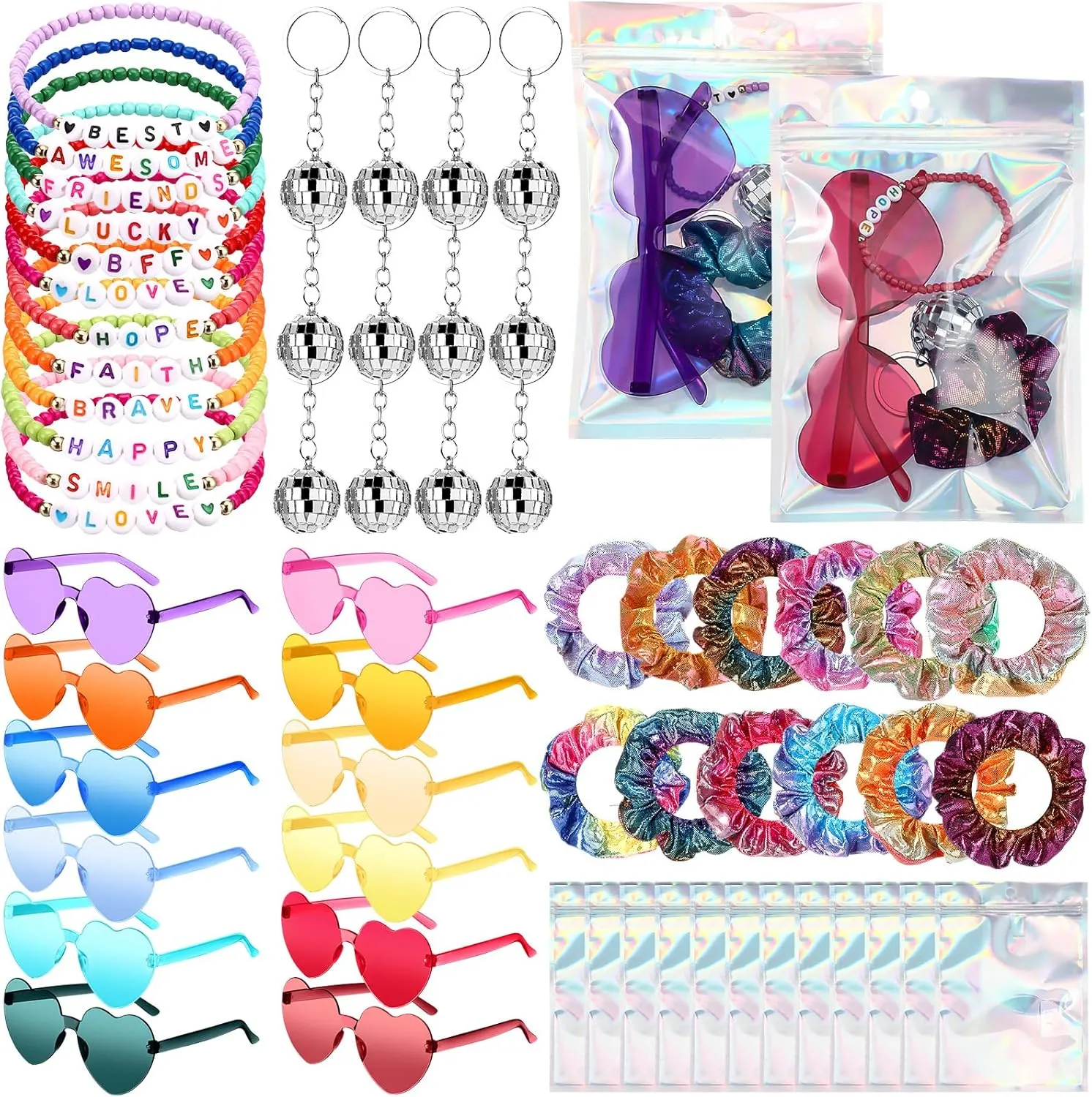 Geiserailie 60 Pcs in My Era Popular Singer Party Favors Bracelets Disco Keychain Sunglasses Holographic Scrunchie Set Bags 12 Set Friendship Gifts for 1989 Fans Party Women (Colorful)