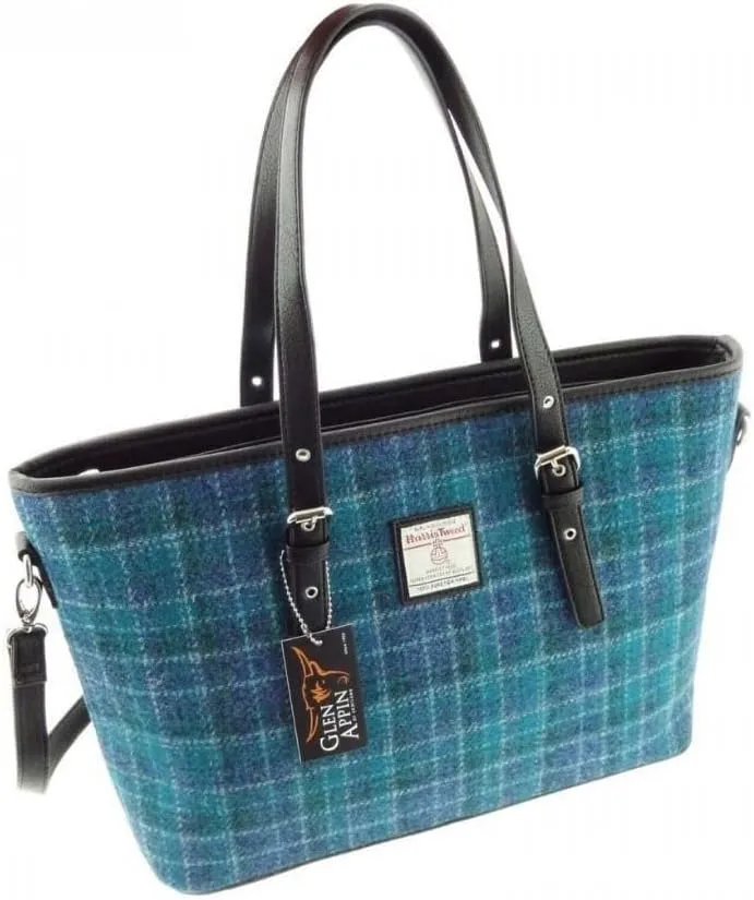 Glen Appin Tweed Bag for Women Tote Handbags Spey Large Made in Scotland (Sea Blue Check)