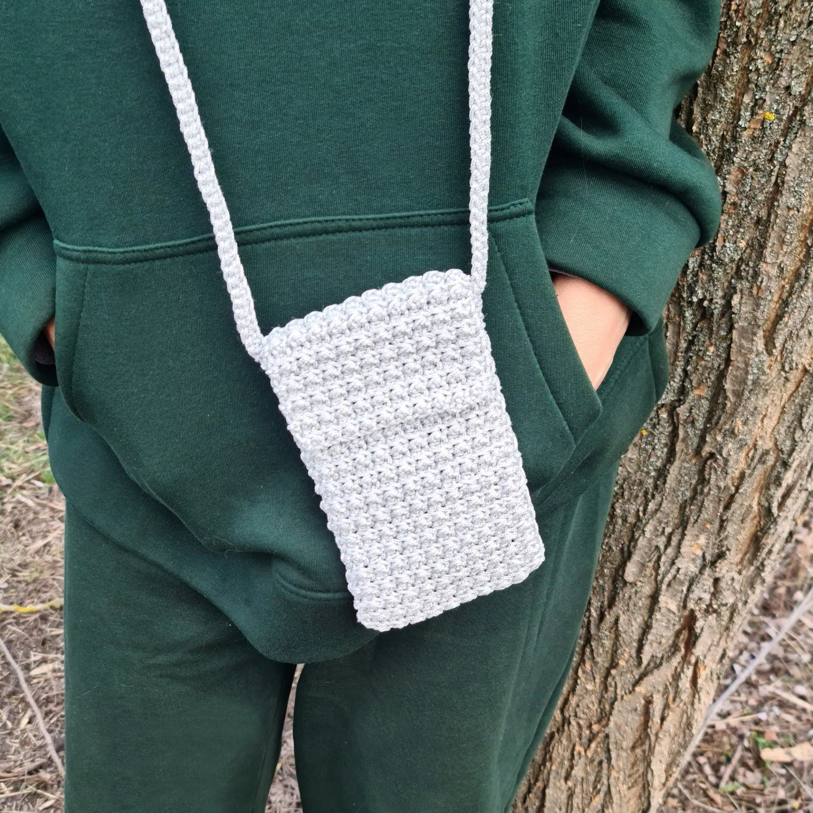 Gray crochet crossbody bag, Macrame textured handbag, Shoulder smartphone mini bag