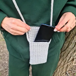 Gray crochet crossbody bag, Macrame textured handbag, Shoulder smartphone mini bag