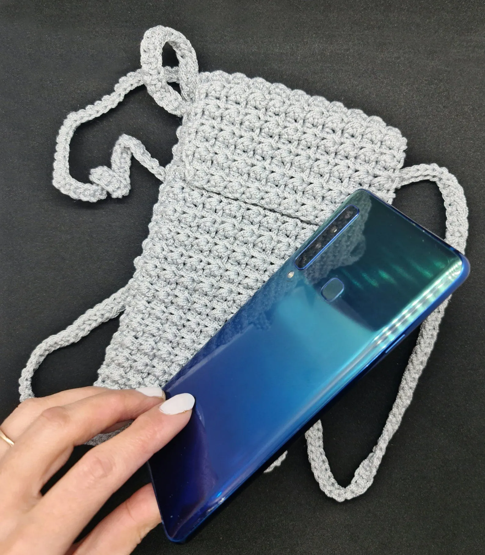 Gray crochet crossbody bag, Macrame textured handbag, Shoulder smartphone mini bag