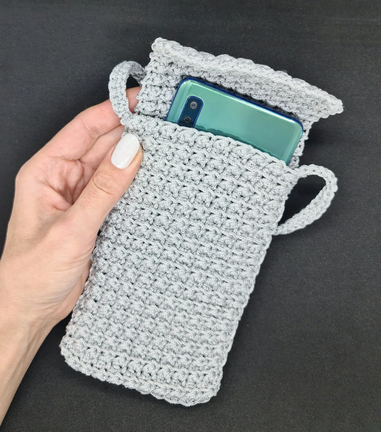 Gray crochet crossbody bag, Macrame textured handbag, Shoulder smartphone mini bag