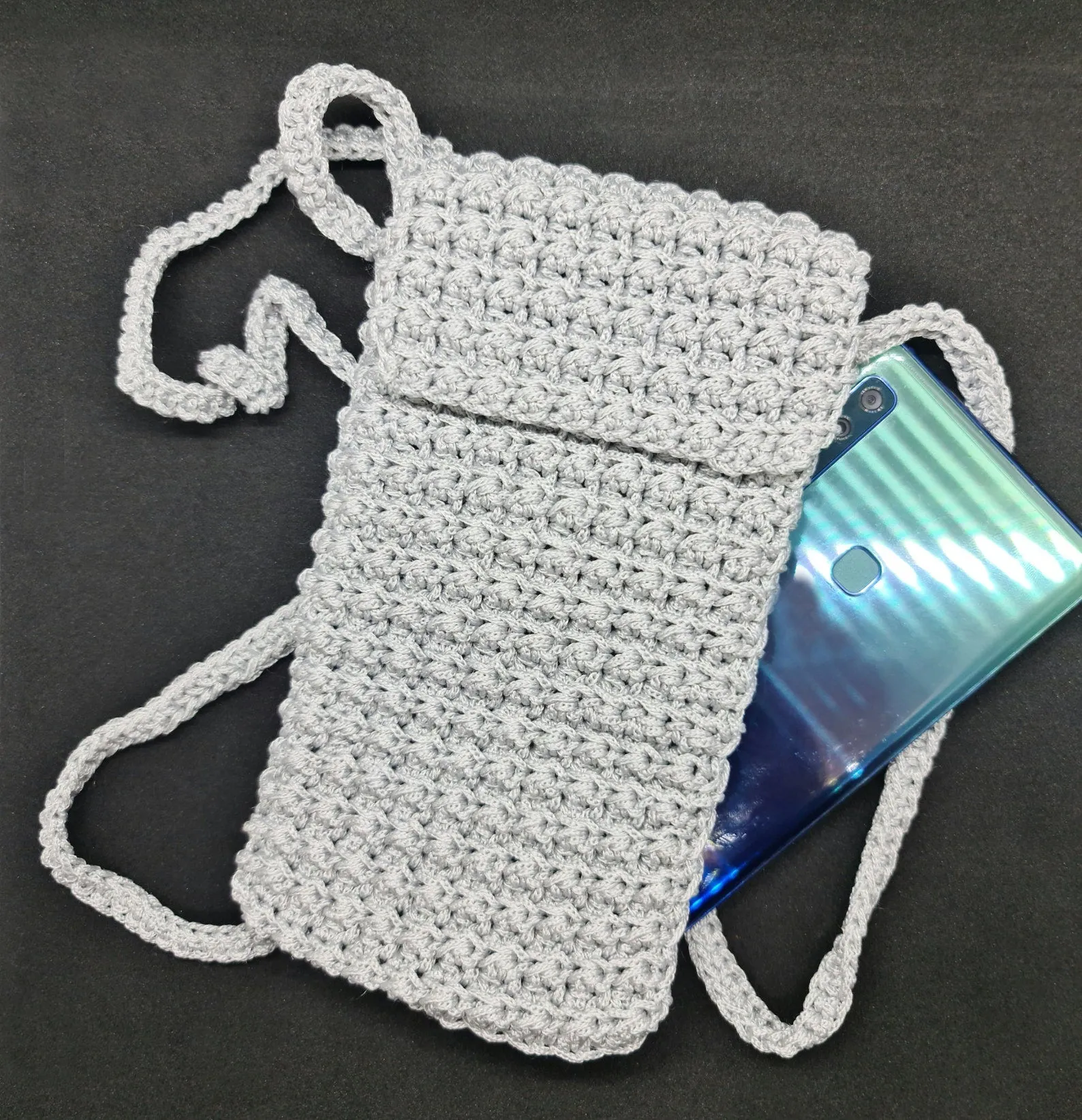 Gray crochet crossbody bag, Macrame textured handbag, Shoulder smartphone mini bag