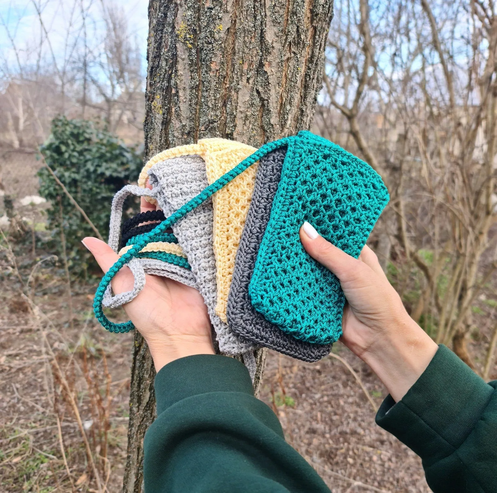 Gray crochet crossbody bag, Macrame textured handbag, Shoulder smartphone mini bag