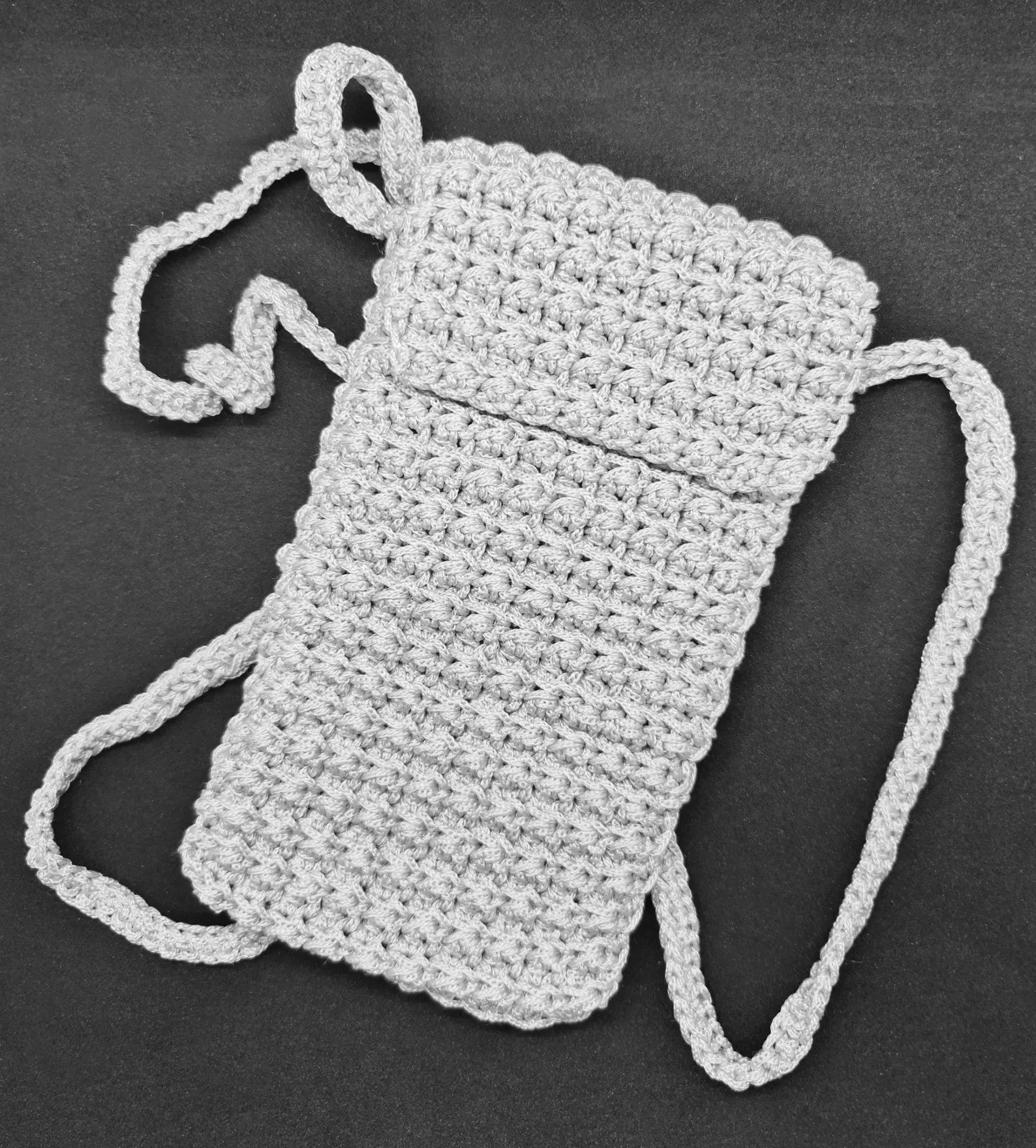 Gray crochet crossbody bag, Macrame textured handbag, Shoulder smartphone mini bag