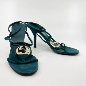 Gucci GG Teal Green Suede & Leather Strappy Cage Heeled Shoes EU37 ~ AU6
