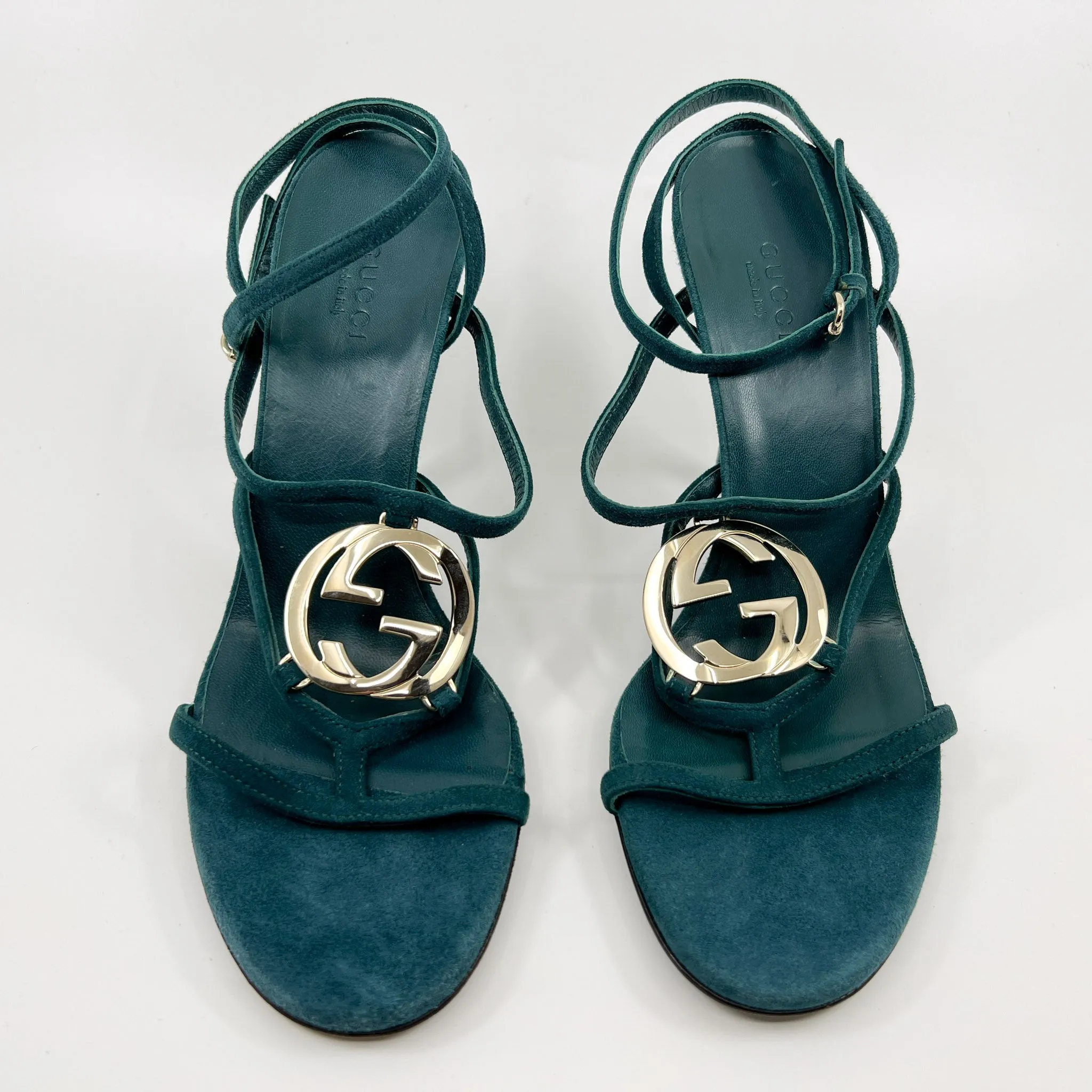 Gucci GG Teal Green Suede & Leather Strappy Cage Heeled Shoes EU37 ~ AU6