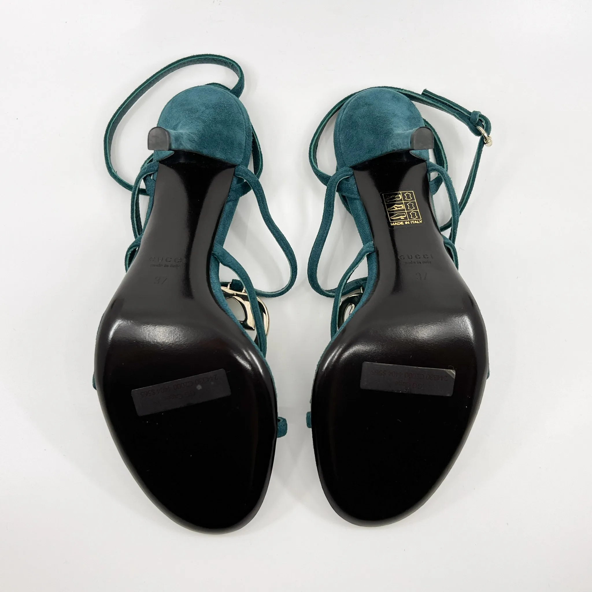 Gucci GG Teal Green Suede & Leather Strappy Cage Heeled Shoes EU37 ~ AU6